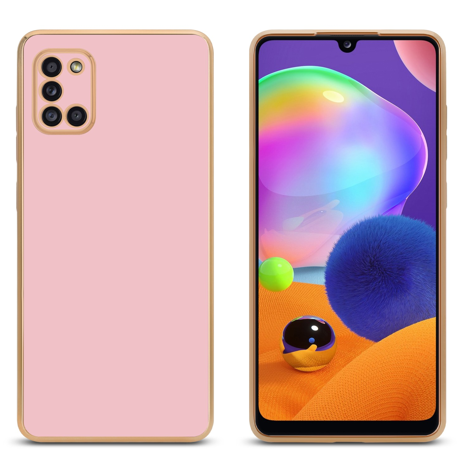 Zwei Telefone, rosa und schwarz, mit goldenen Rändern. Eines zeigt die Rückseite, das andere Display.