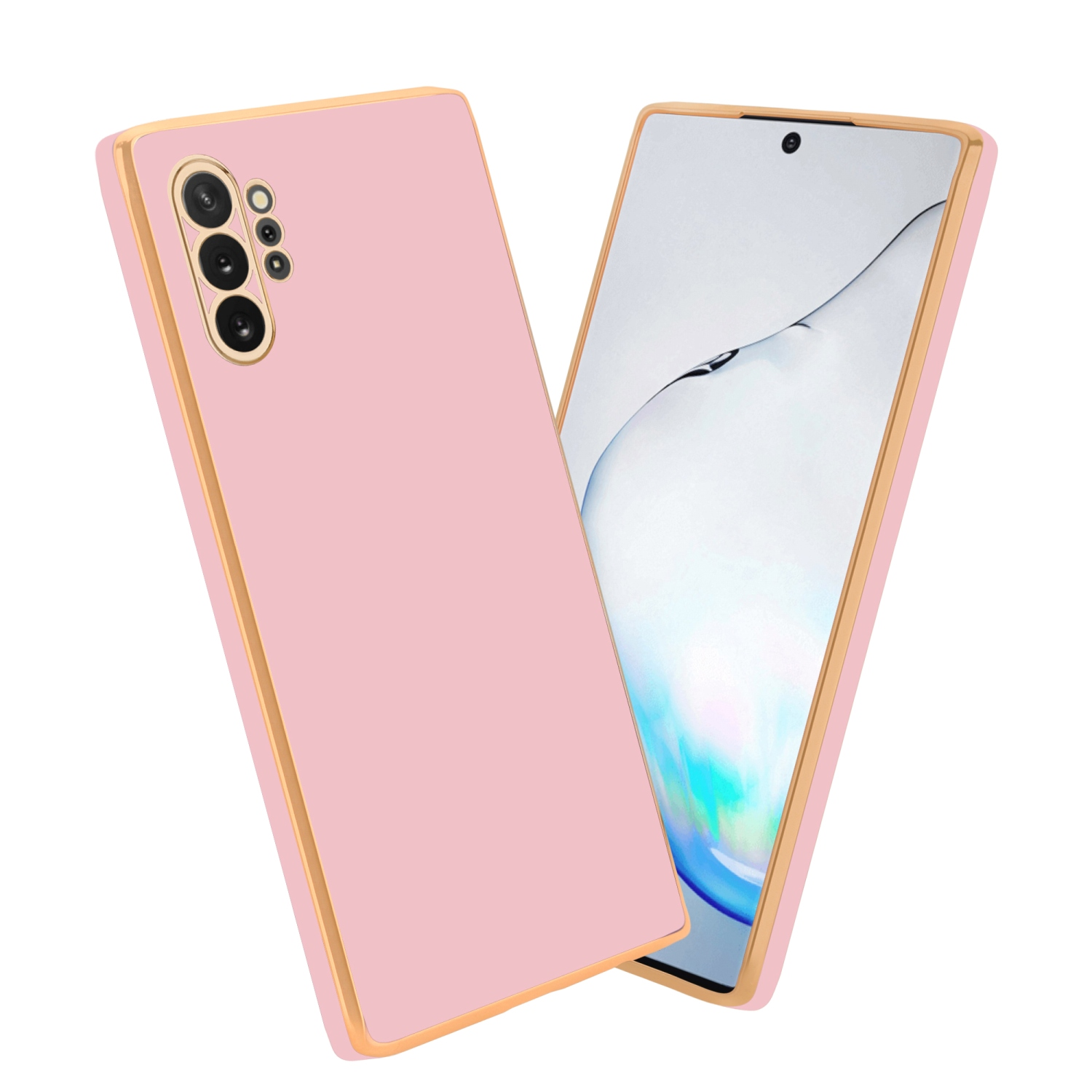 Rosa Handyhülle mit Goldrand neben einem Telefon mit weißem Display.