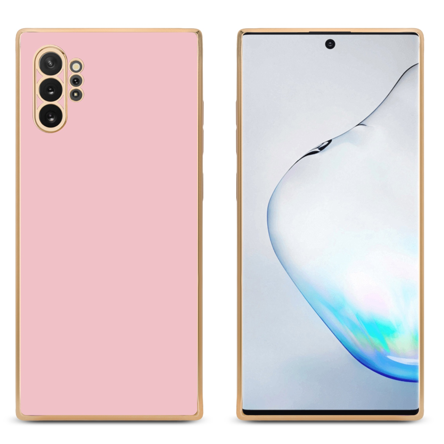 Rosa Telefon mit goldenem Rahmen auf dem Tisch. Weißer Hintergrund.