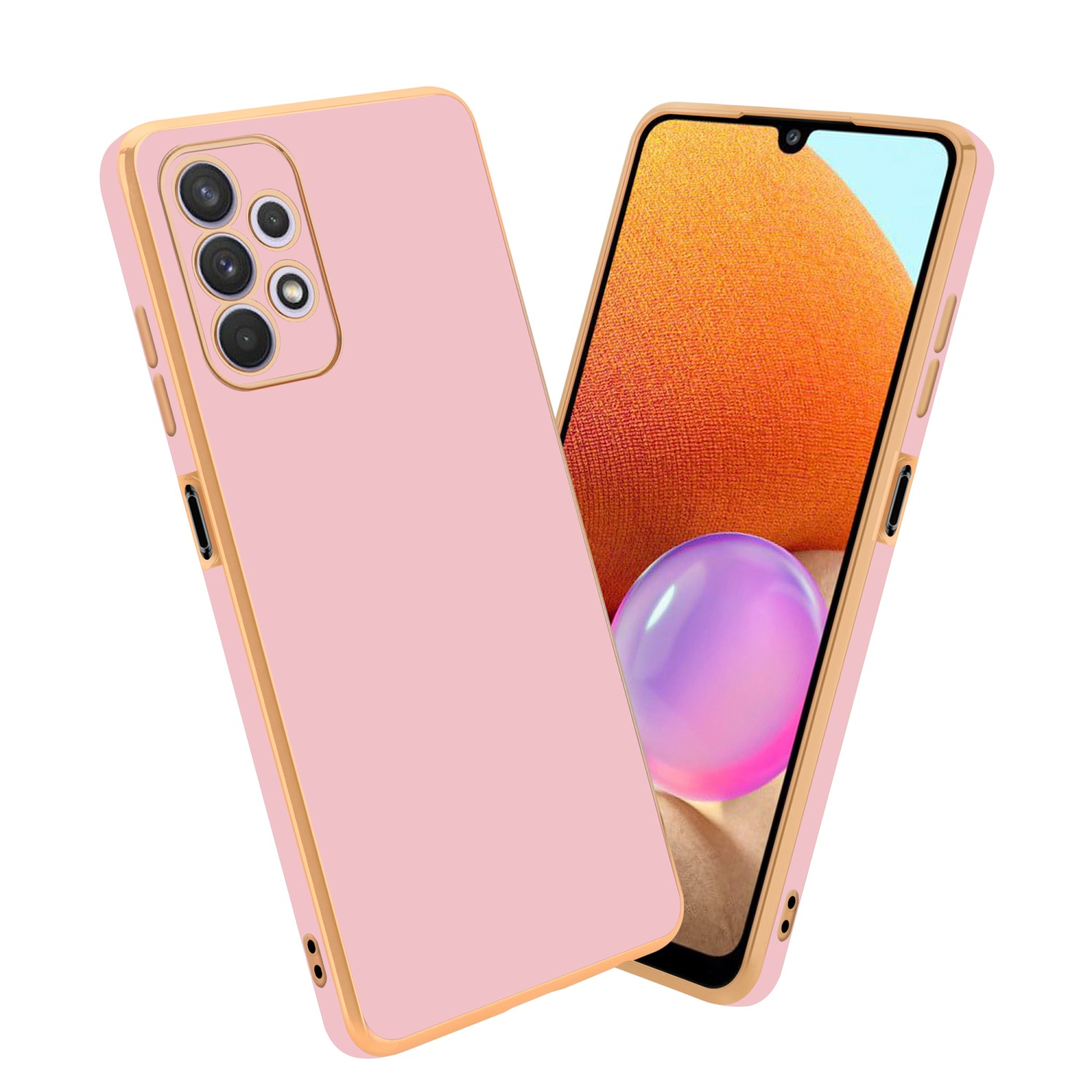 Rosa und goldene Handyhülle und Telefon. Das Telefon ist in einer Hülle mit Ringhalter.
