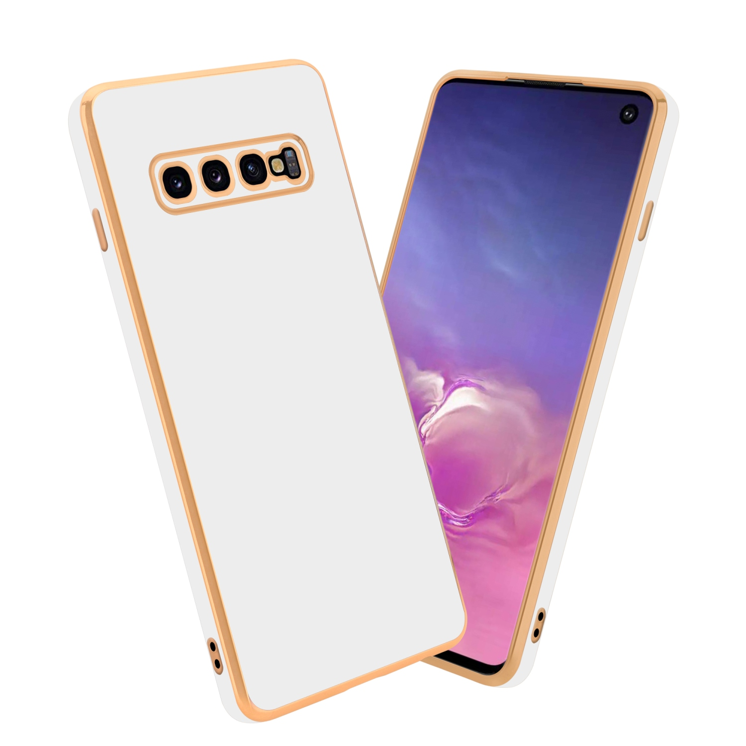 Weiße Handyhülle mit goldenem Rand und Telefonbildschirm.