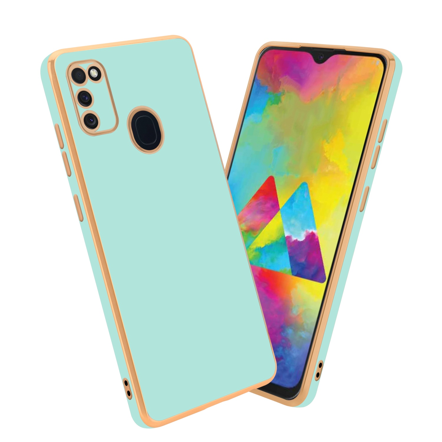 Hellgrüne Handyhülle mit goldener Einfassung. Telefon zeigt farbenfrohes Design.