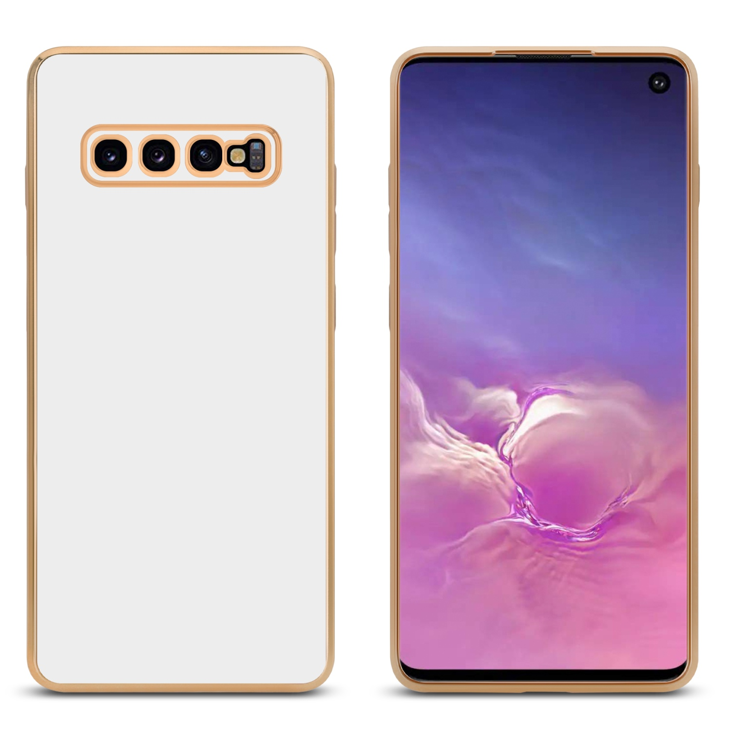 Weiße Handyhülle mit goldenen Rändern. Telefon mit goldenen Rändern. Rück- und Vorderansicht.