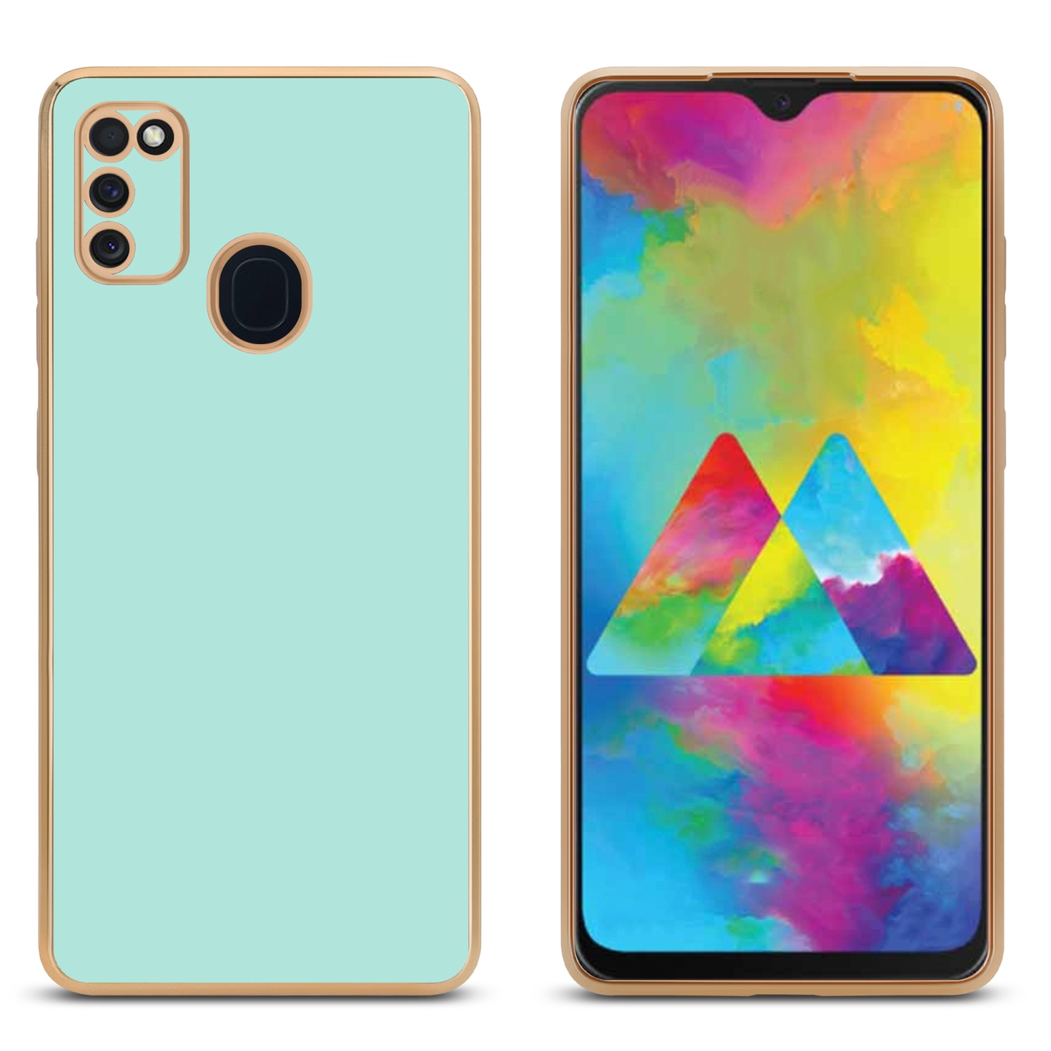 Ein Telefon mit Minzgehäuse und ein Telefon mit farbenfrohem Bildschirm.