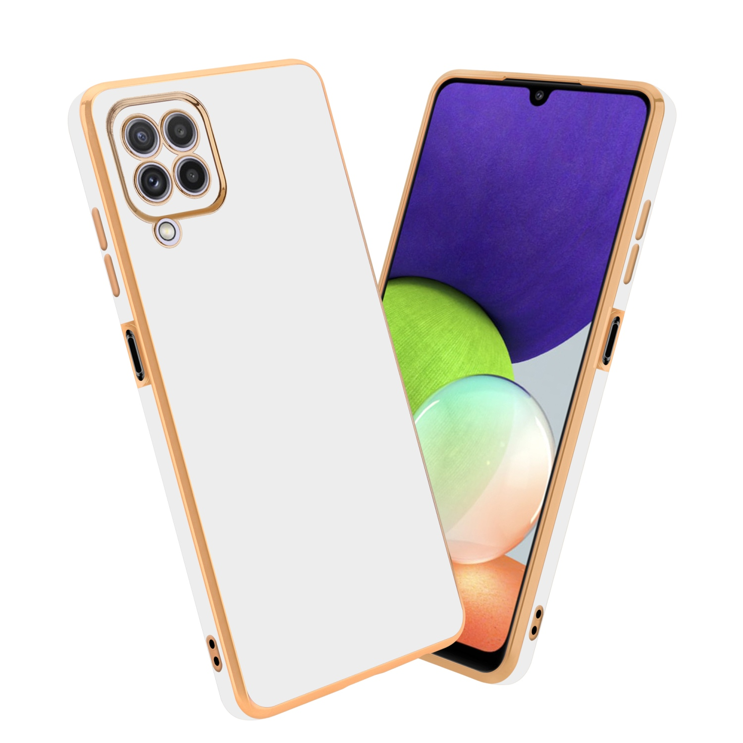 Weiße Handyhülle mit goldfarbenem Rand. Dargestellt neben einem Telefon mit lila und beigem Bildschirm.