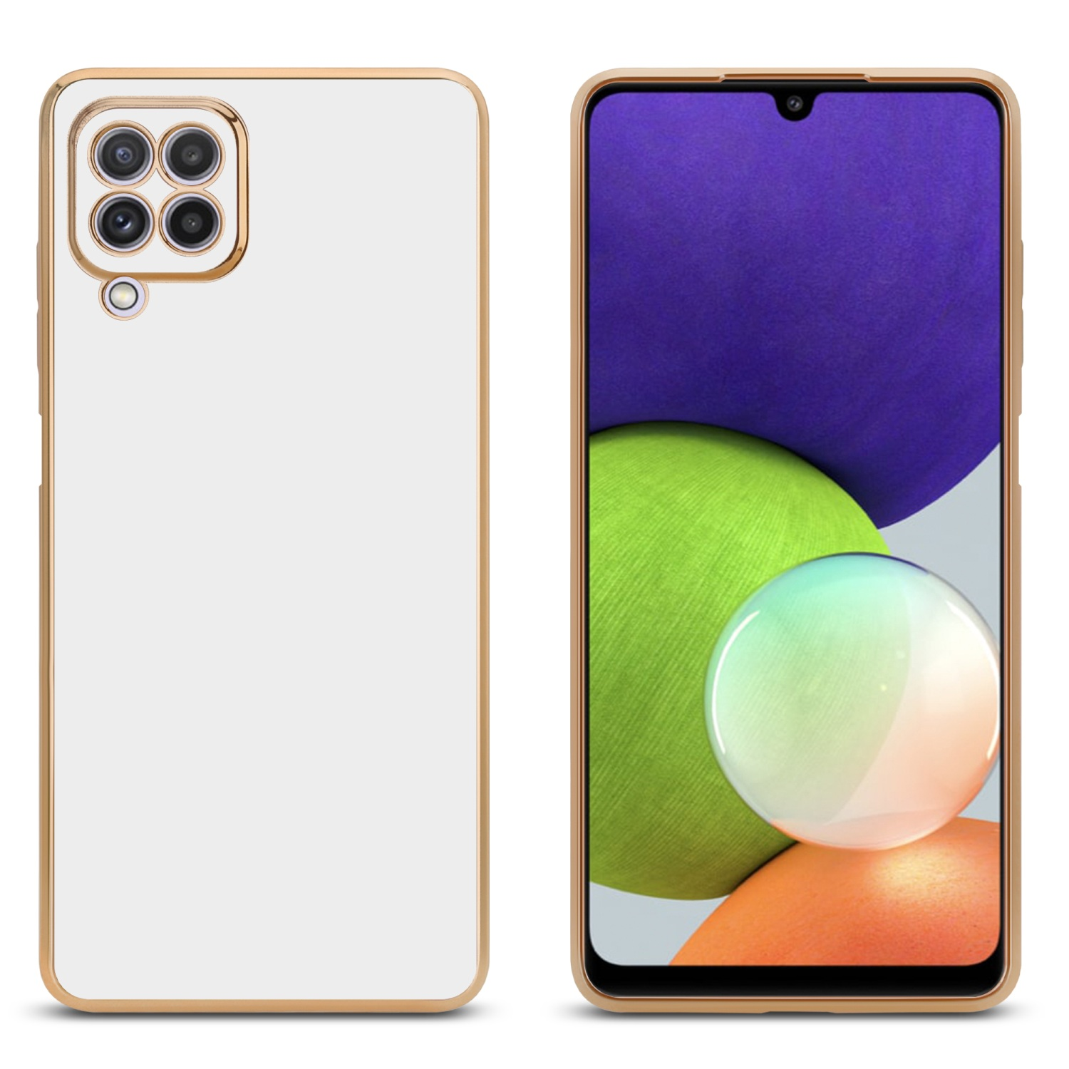 Weiße und goldene Handyhülle, mit Telefon, das abstrakte, farbenfrohe Formen zeigt.