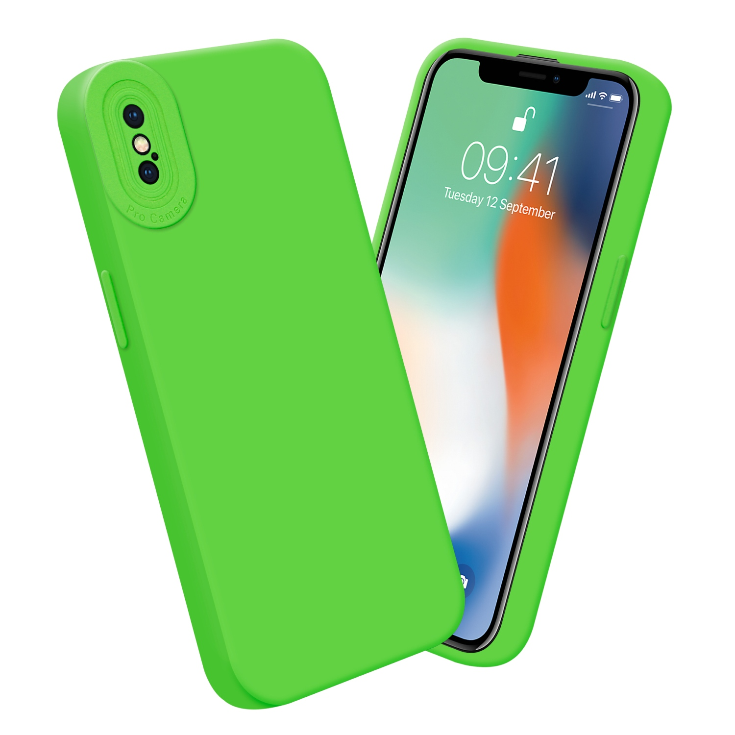 Una custodia verde con un telefono all'interno su sfondo bianco.