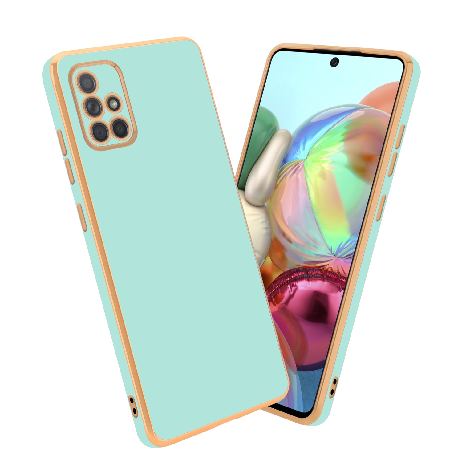 Minzfarbene Handyhülle mit goldfarbenem Besatz, neben einem Telefon mit farbenfrohem Bildschirm.