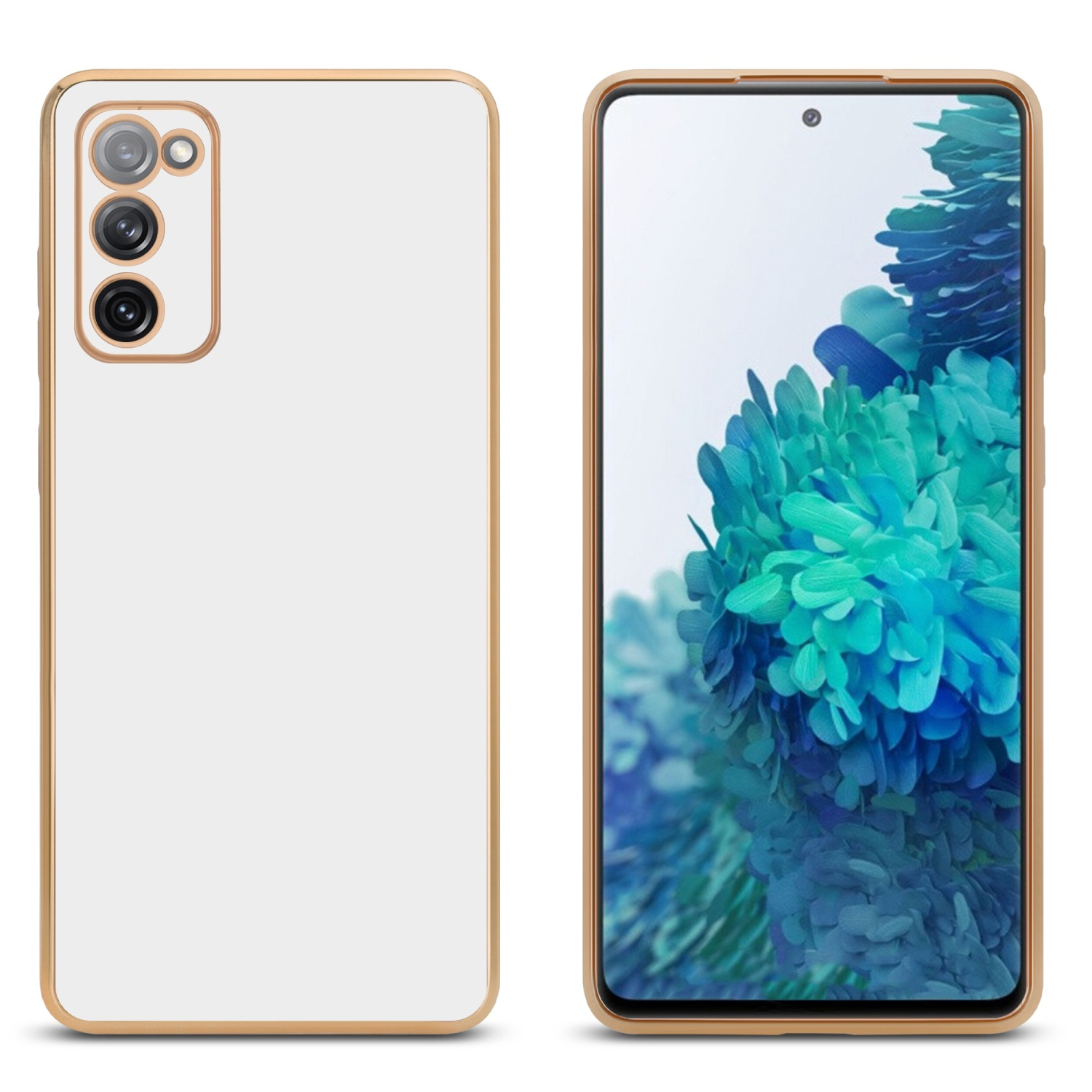 Zwei Telefone. Links: weiße Hülle, goldener Rahmen. Rechts: Telefonbildschirm, grüne Pflanzen. Goldrahmen.