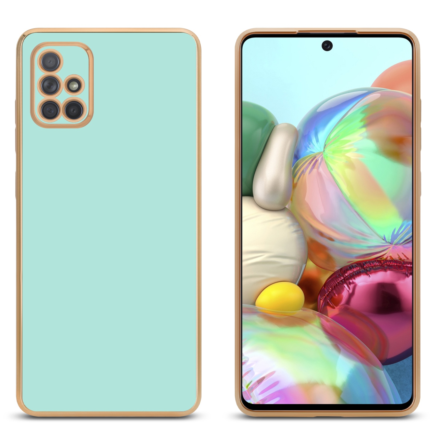 Eine türkisgrüne Handyhülle mit goldenem Rahmen links. Rechts ein Handy mit farbenfrohem Display.
