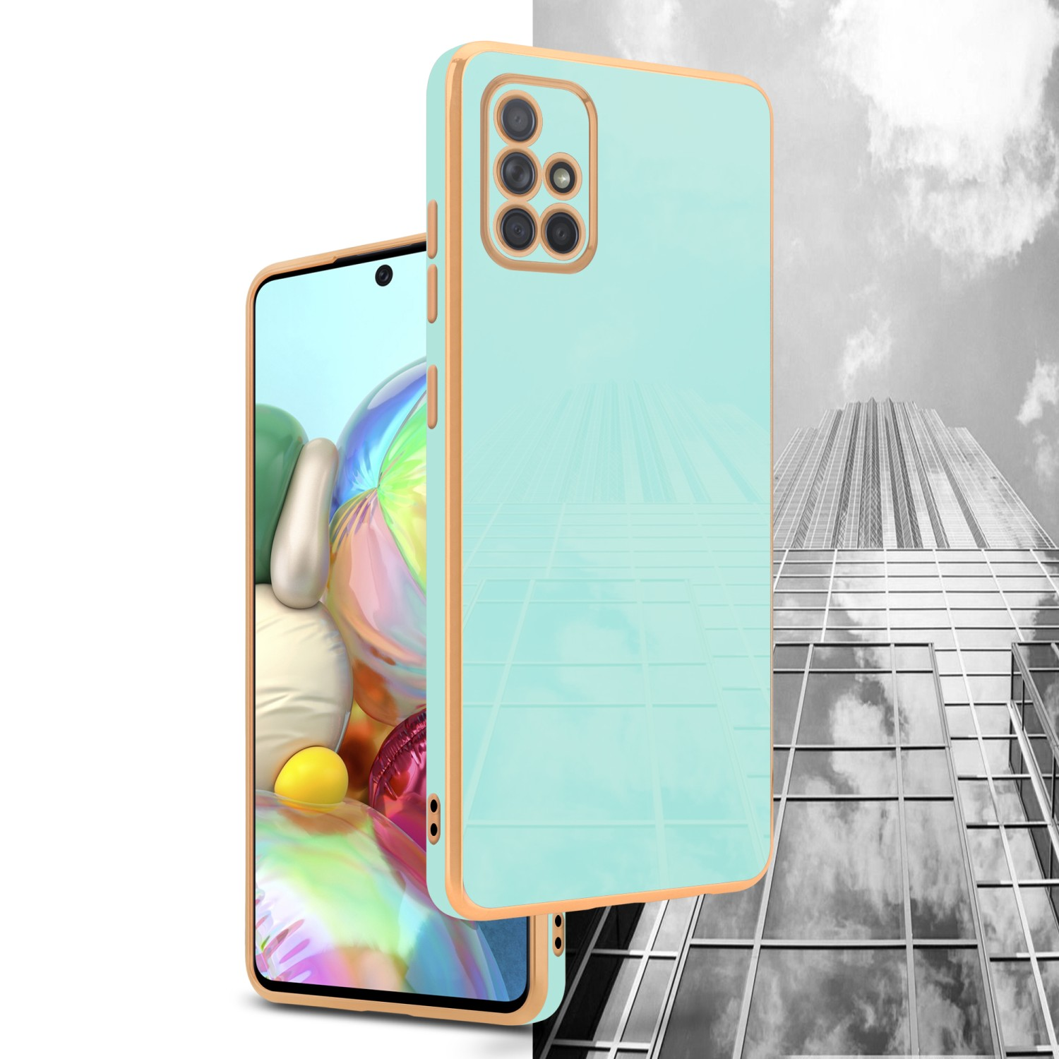 Zwei Telefone mit Handyhüllen. Eines zeigt die Rückseite, eines den Bildschirm, beide Goldrahmen.