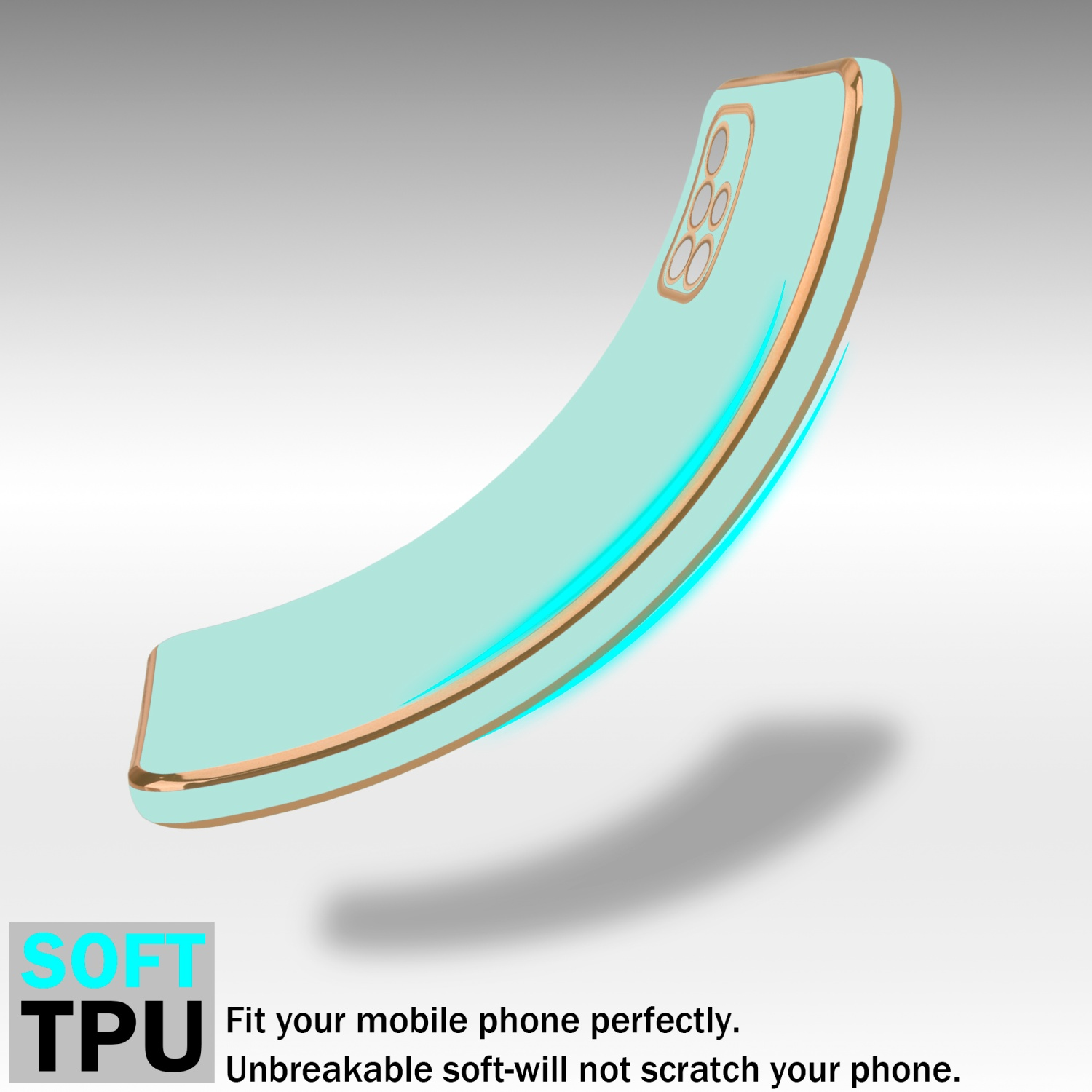 Eine hellgrüne Handyhülle mit goldenem Rahmen. Der Text lautet: Weiches TPU. Passt perfekt.