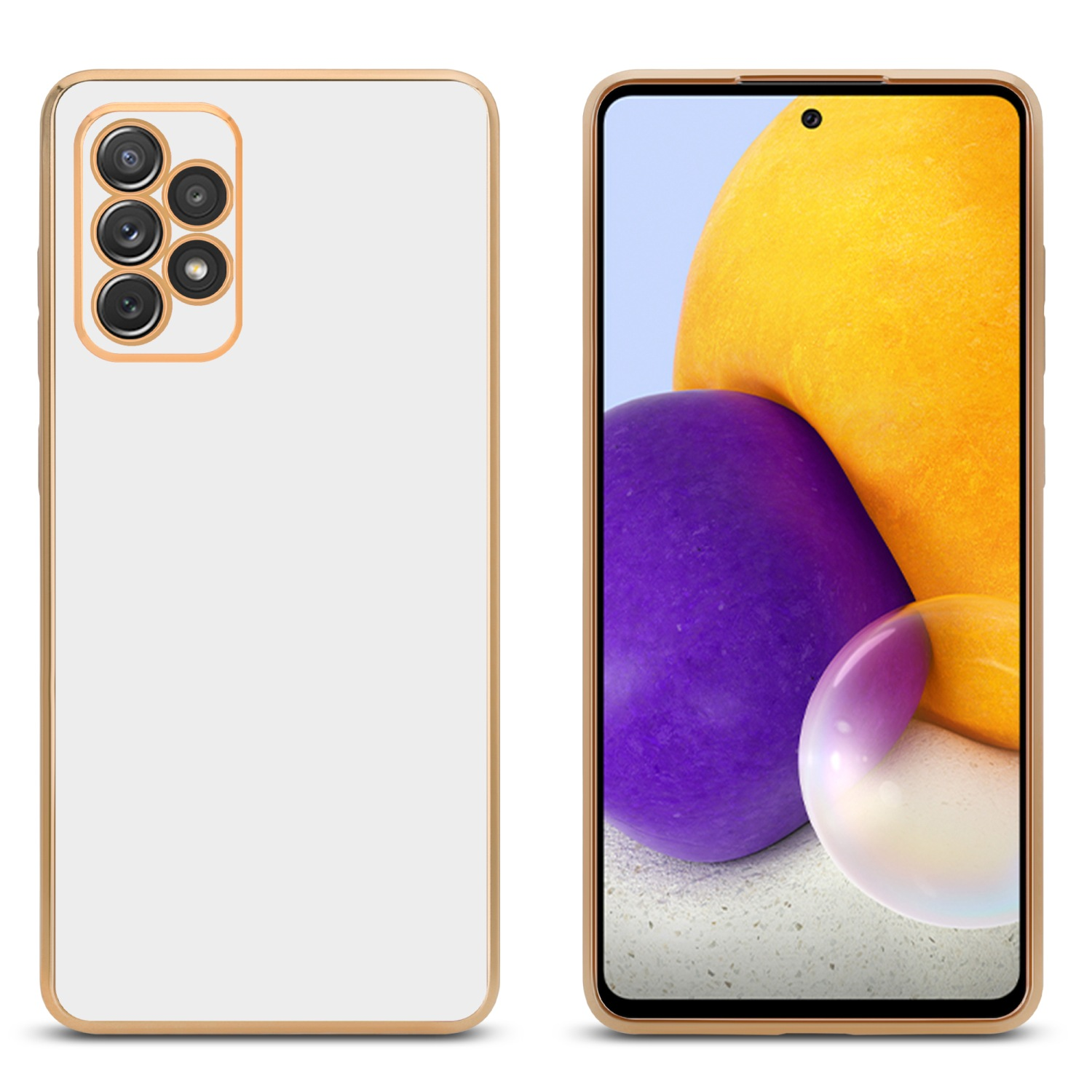 Zwei Telefone, eines mit weißer Hülle und Goldkanten, das andere mit gelbem und orangefarbenem Bildschirm.