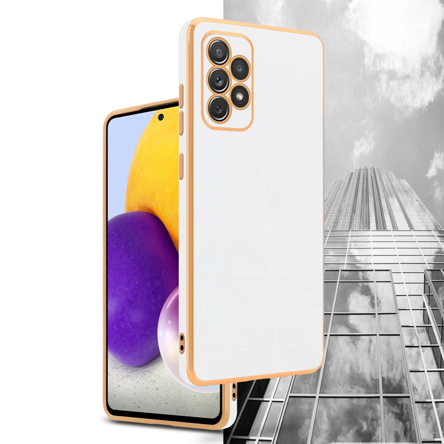 Zwei Telefone, eins zeigt gelbes und violettes Bild, das andere in weißer Hülle. Gebäudehintergrund.