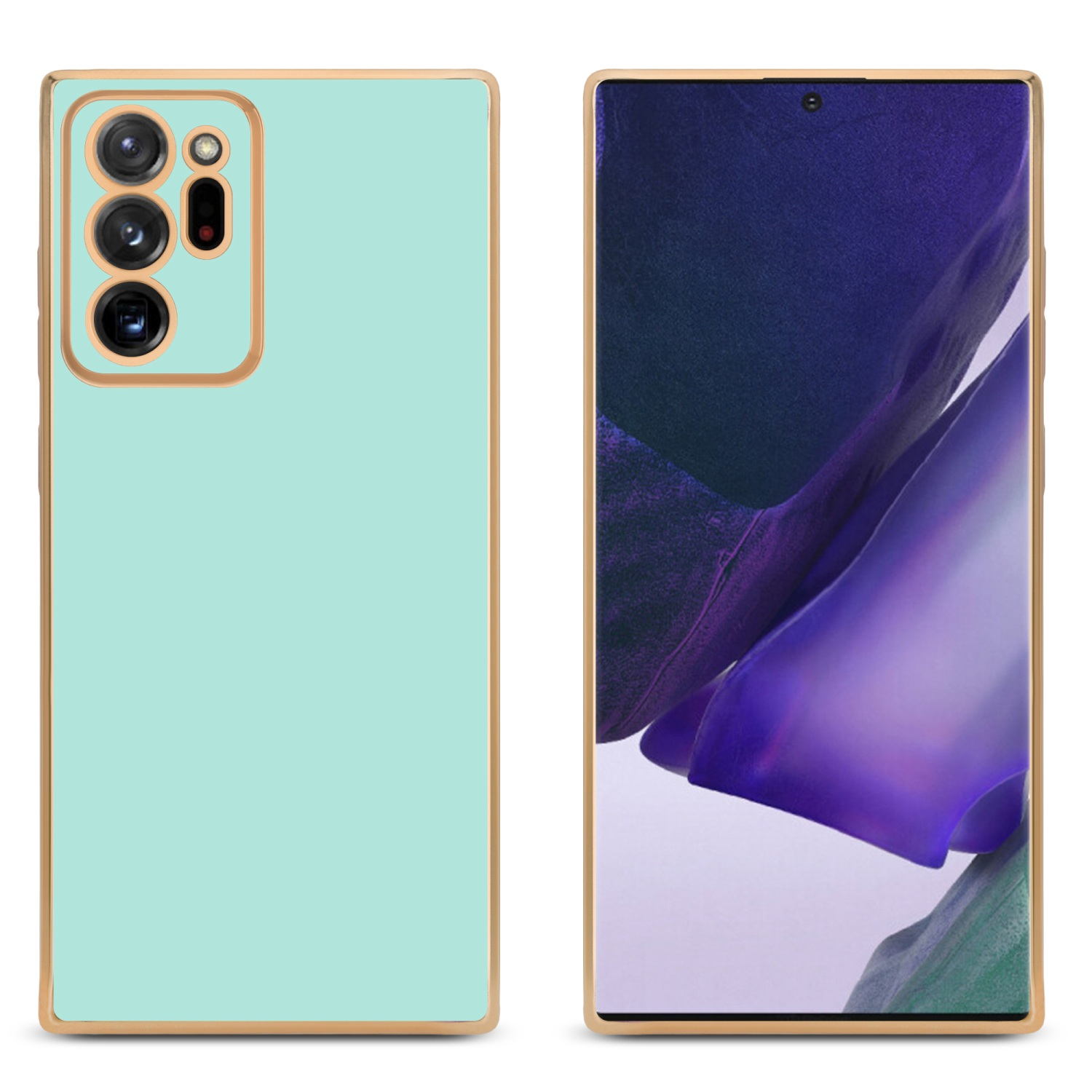 Handyhülle, mintgrün, auf dem Telefon. Goldener Besatz. Zwei Ansichten: vorne und hinten.