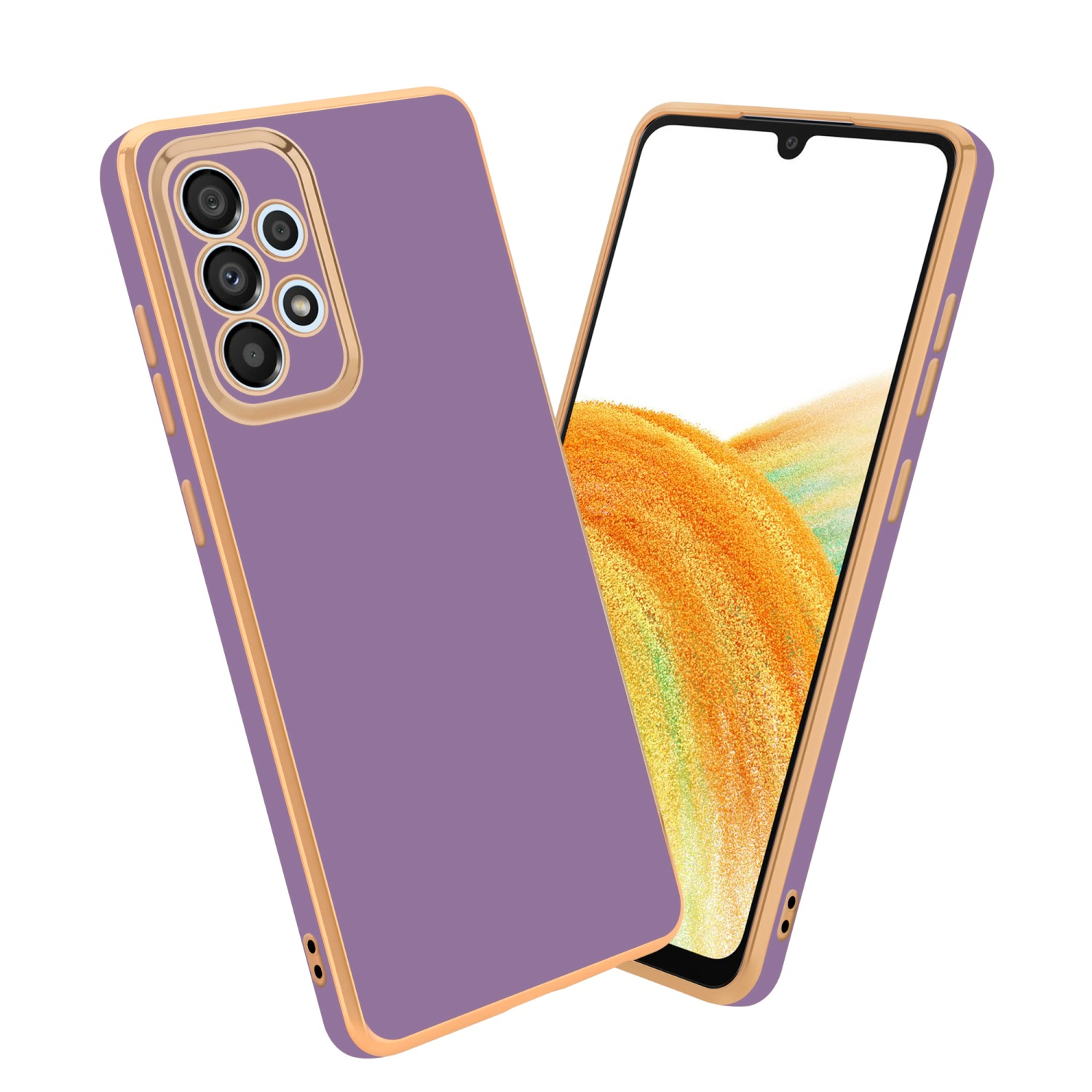 Lila Handyhülle mit goldener Verzierung und Ring. Das Telefon hat einen lila Hintergrund.