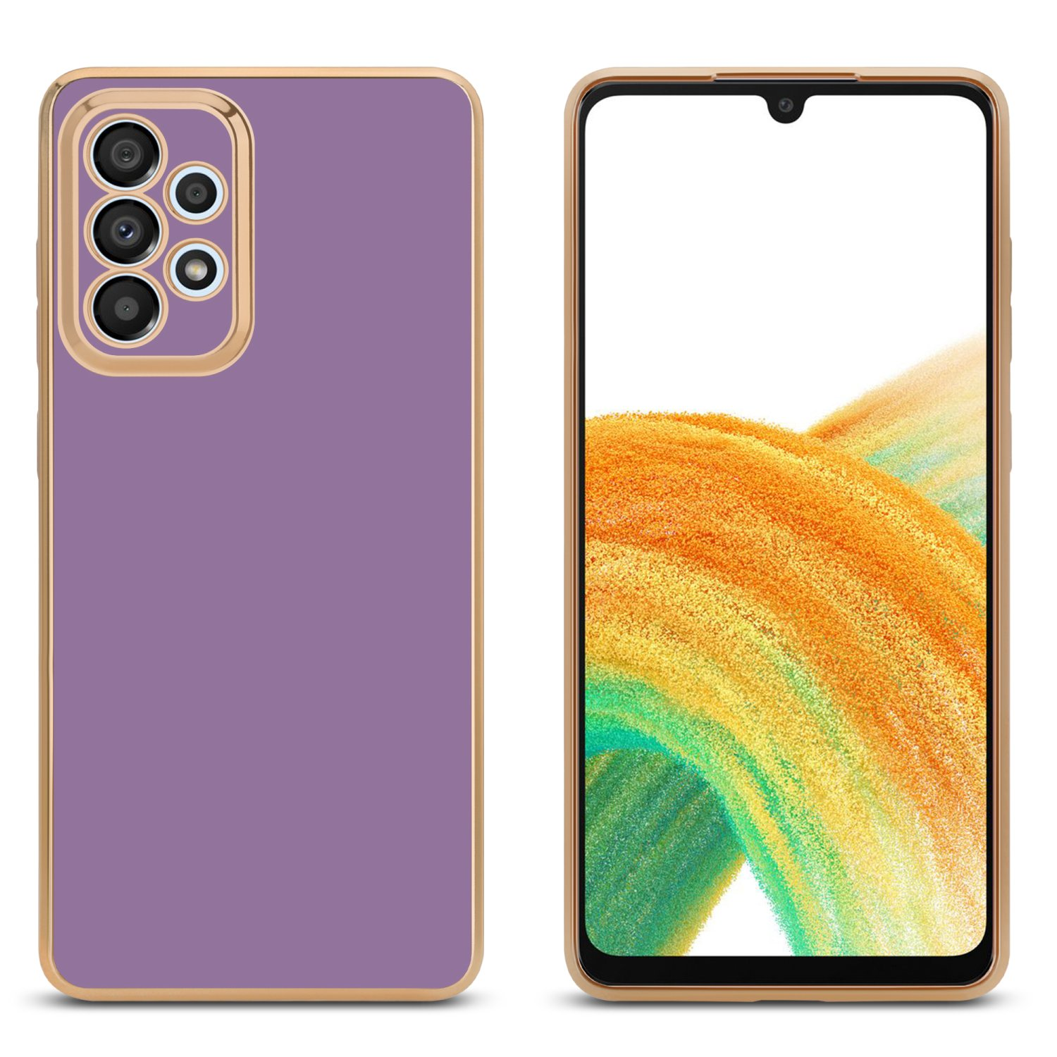 Lila Handyhülle mit Goldrand. Telefon mit orange-weißem Hintergrund.