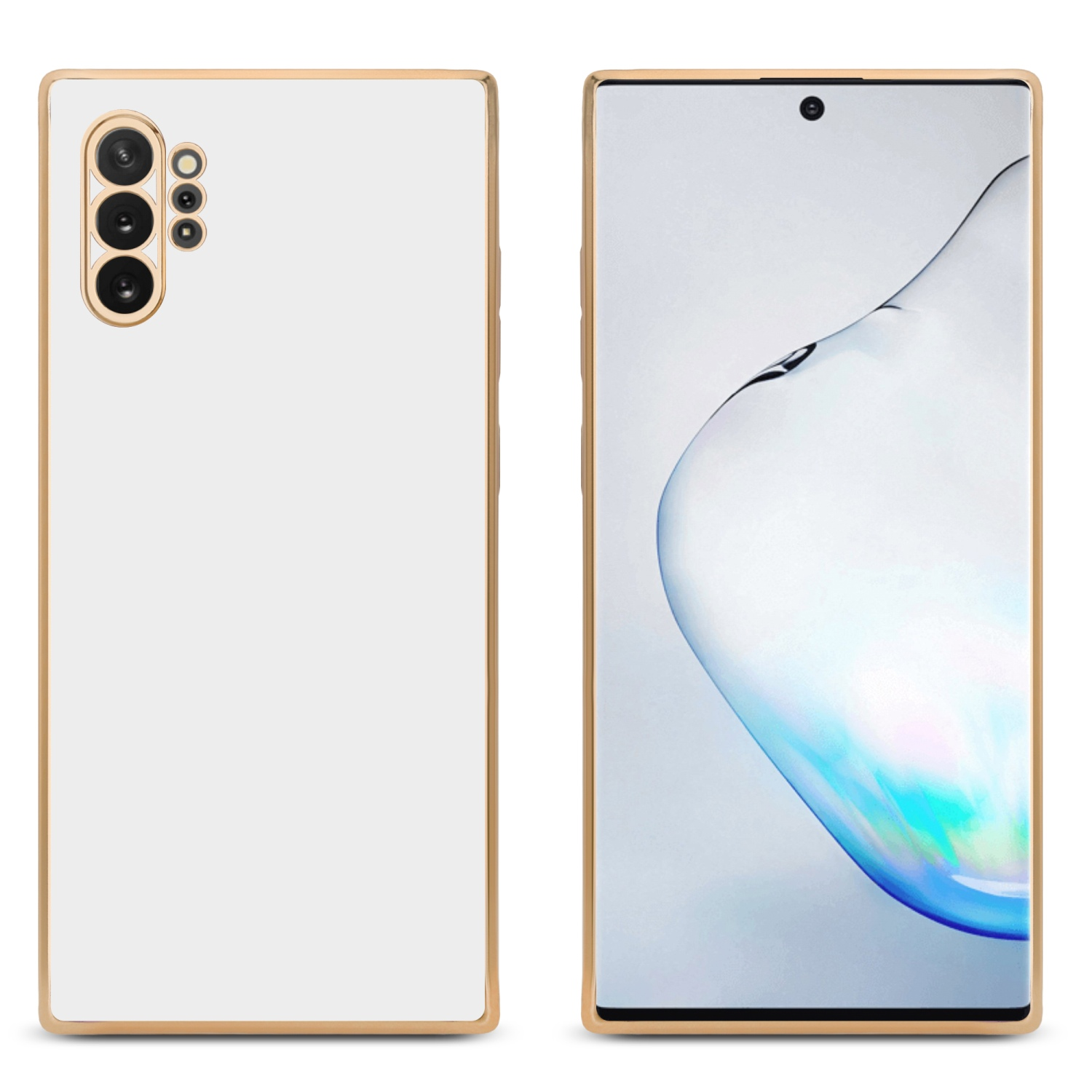 Zwei Telefone mit weißen Rückseiten und goldenen Rahmen. Eines zeigt die Rückseite, das andere den Bildschirm.