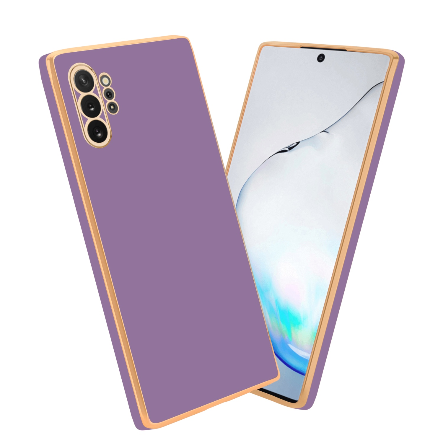 Lila Handyhülle mit goldenem Rahmen und ein Handy mit weißem Bildschirm. Das Handy ist rechts.