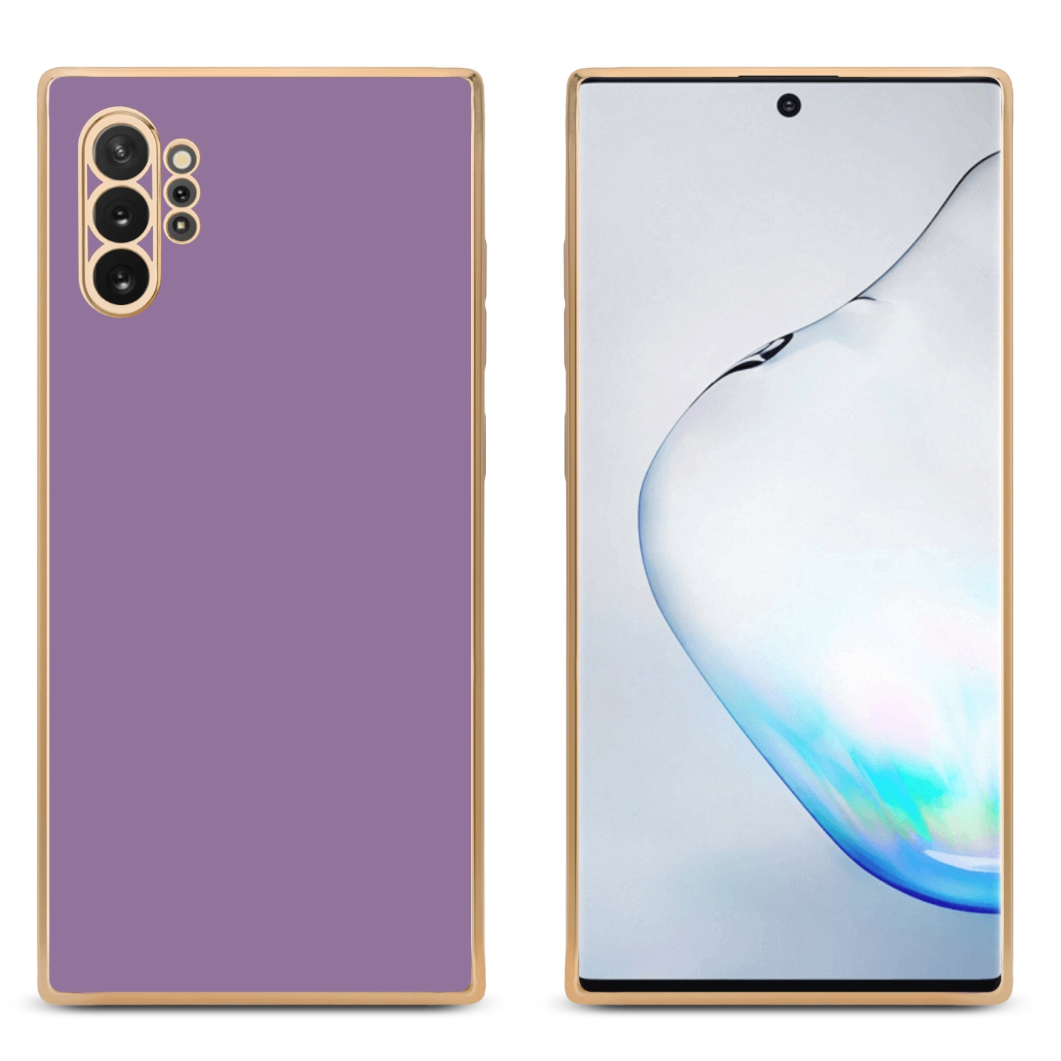 Handyhülle mit lila Rückseite und goldenem Rahmen neben einem Handy mit Bildschirm.