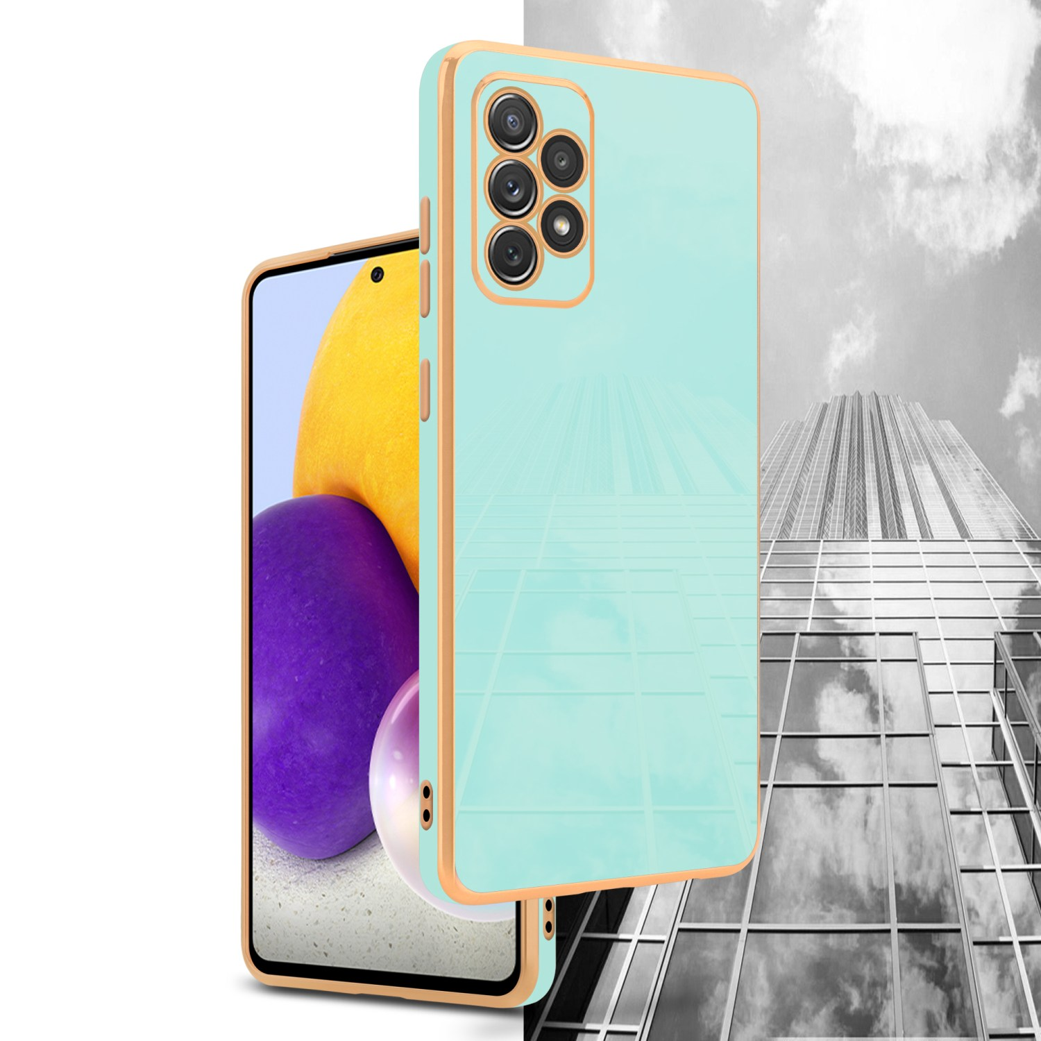 Zwei Telefone mit Hüllen. Eines ist geöffnet und zeigt eine Landschaft. Hintergrund ist eine Stadtlandschaft in Graustufen.