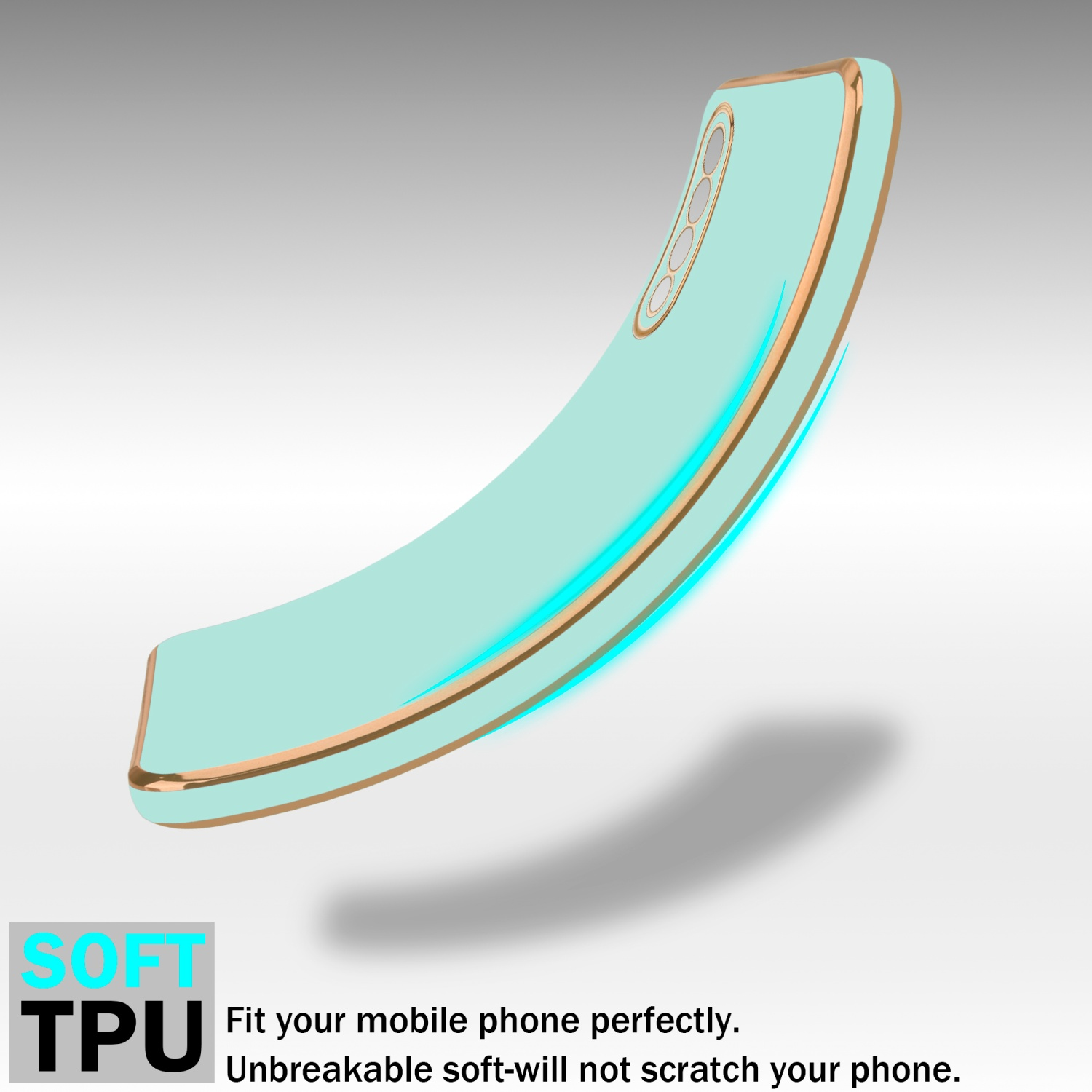 Minzfarbene Handyhülle mit einem Telefon. Der Text "SOFT TPU" wird ebenfalls angezeigt.