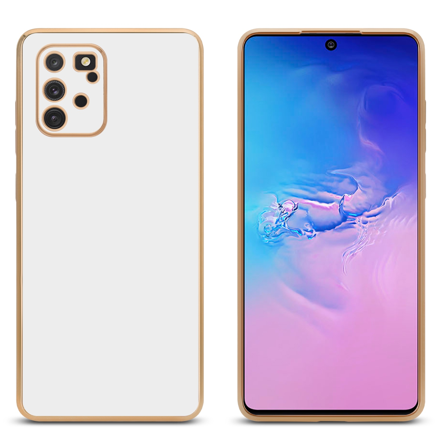 Due telefoni bianchi con bordi dorati. Uno mostra uno schermo con una sfumatura blu e rosa.