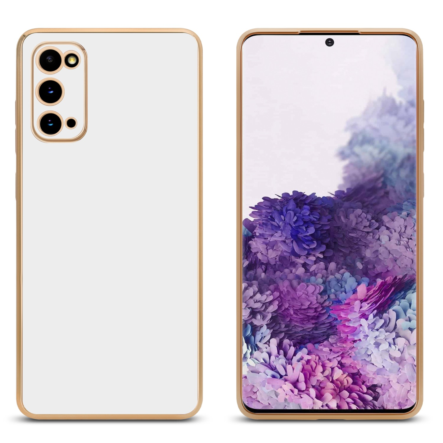 Zwei Telefone, eines weiß mit Goldrahmen, eines mit Blumendisplay.