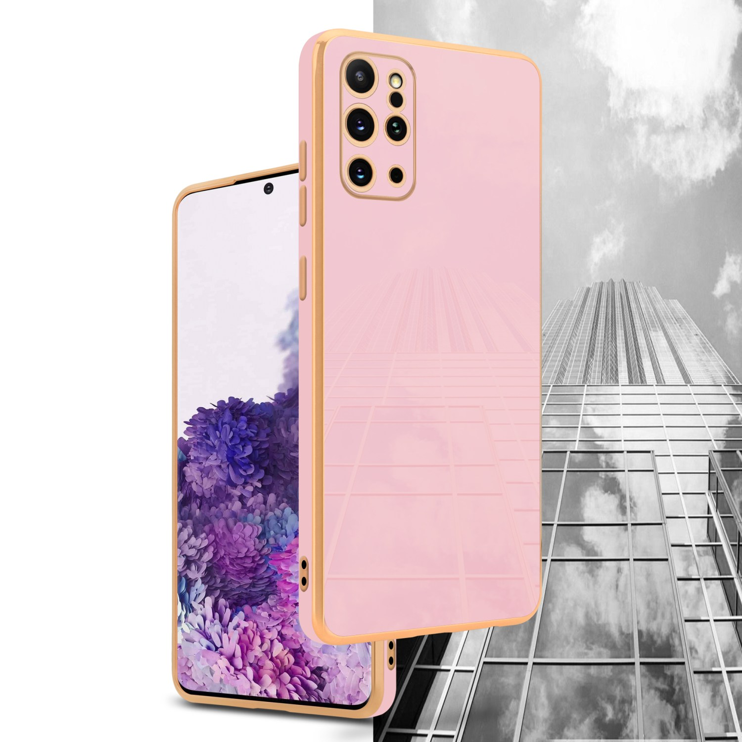 Rosa Handyhülle mit Telefon mit lila Blumen, mit Gebäude im Hintergrund.