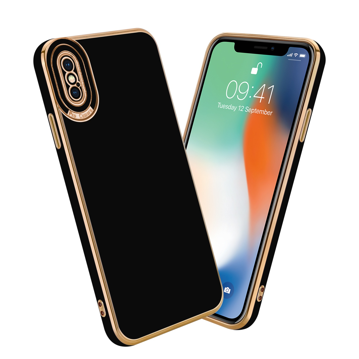Schwarzes Telefon mit goldenem Rand und Hülle mit eingeschaltetem Telefonbildschirm, mit weißem Hintergrund.