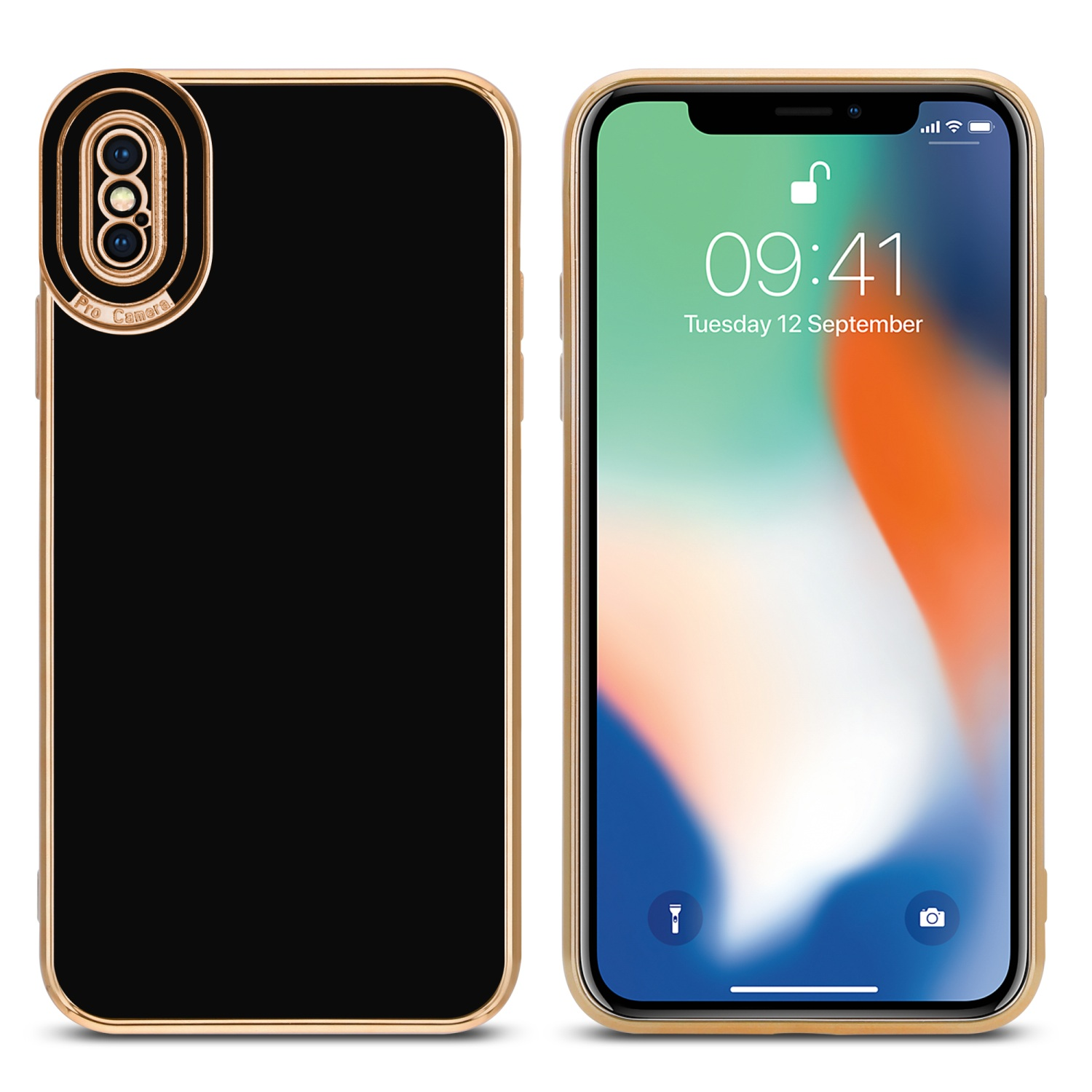 Rosé iPhone Backcover, Gold Kameraschutz, XS, / Glossy mit Schutzhülle Schwarz - CADORABO X Apple,