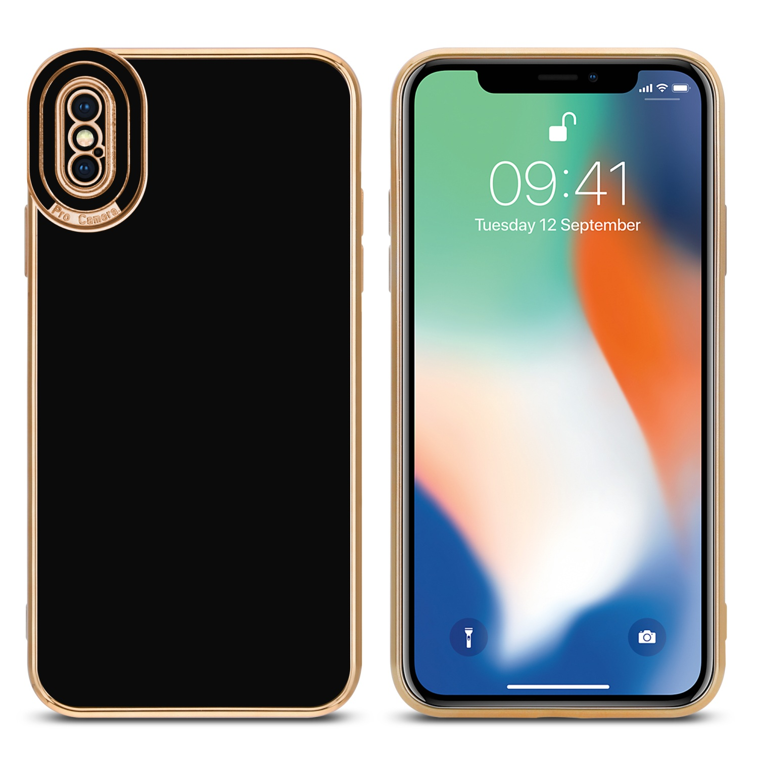 Ein Telefon mit schwarzem Gehäuse und goldfarbenem Rand, das einen farbenfrohen Bildschirm mit Uhrzeit anzeigt.