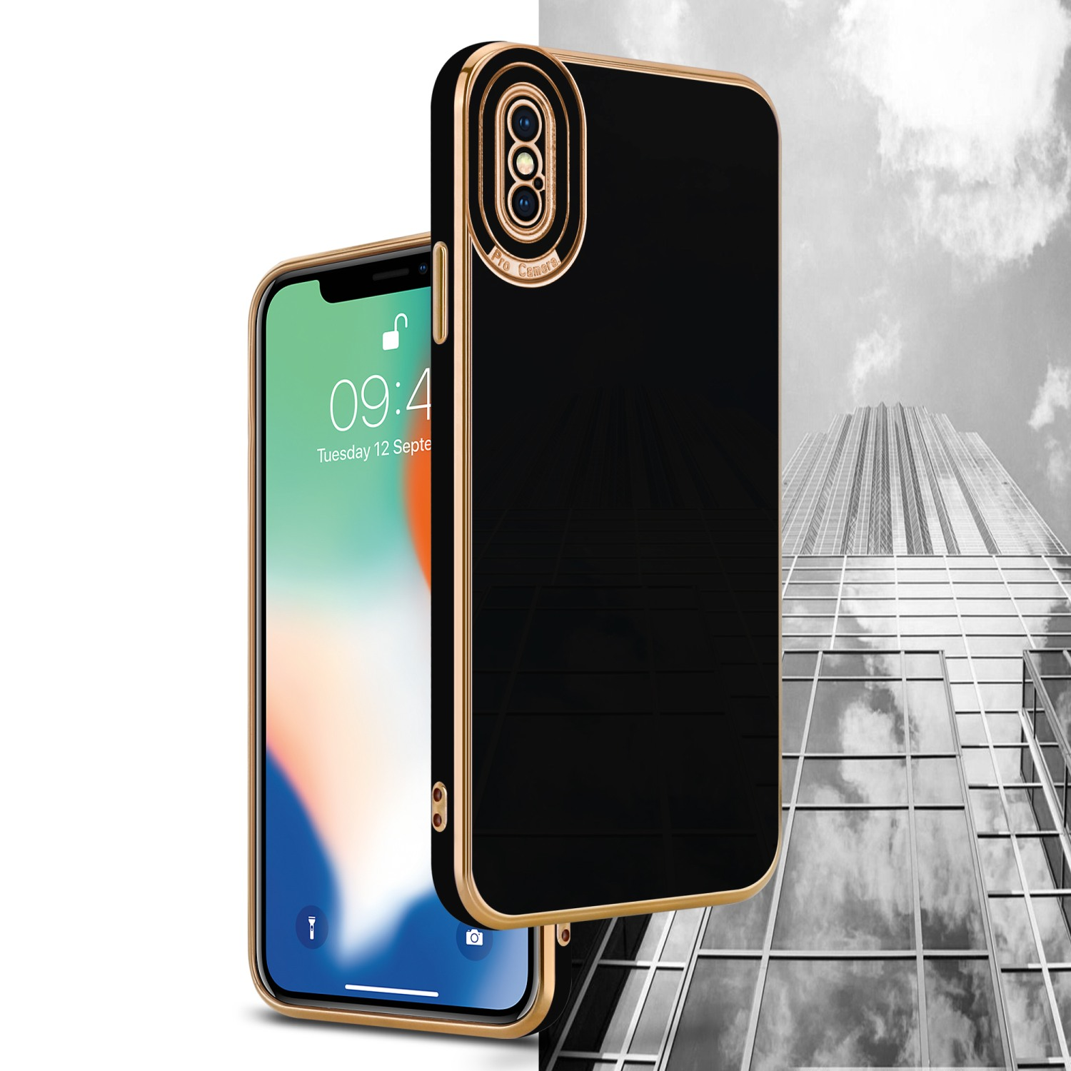 Schwarze Handyhülle mit Goldkanten, Pro-Kamera und Telefon mit Bildschirm, vor einem Gebäude.