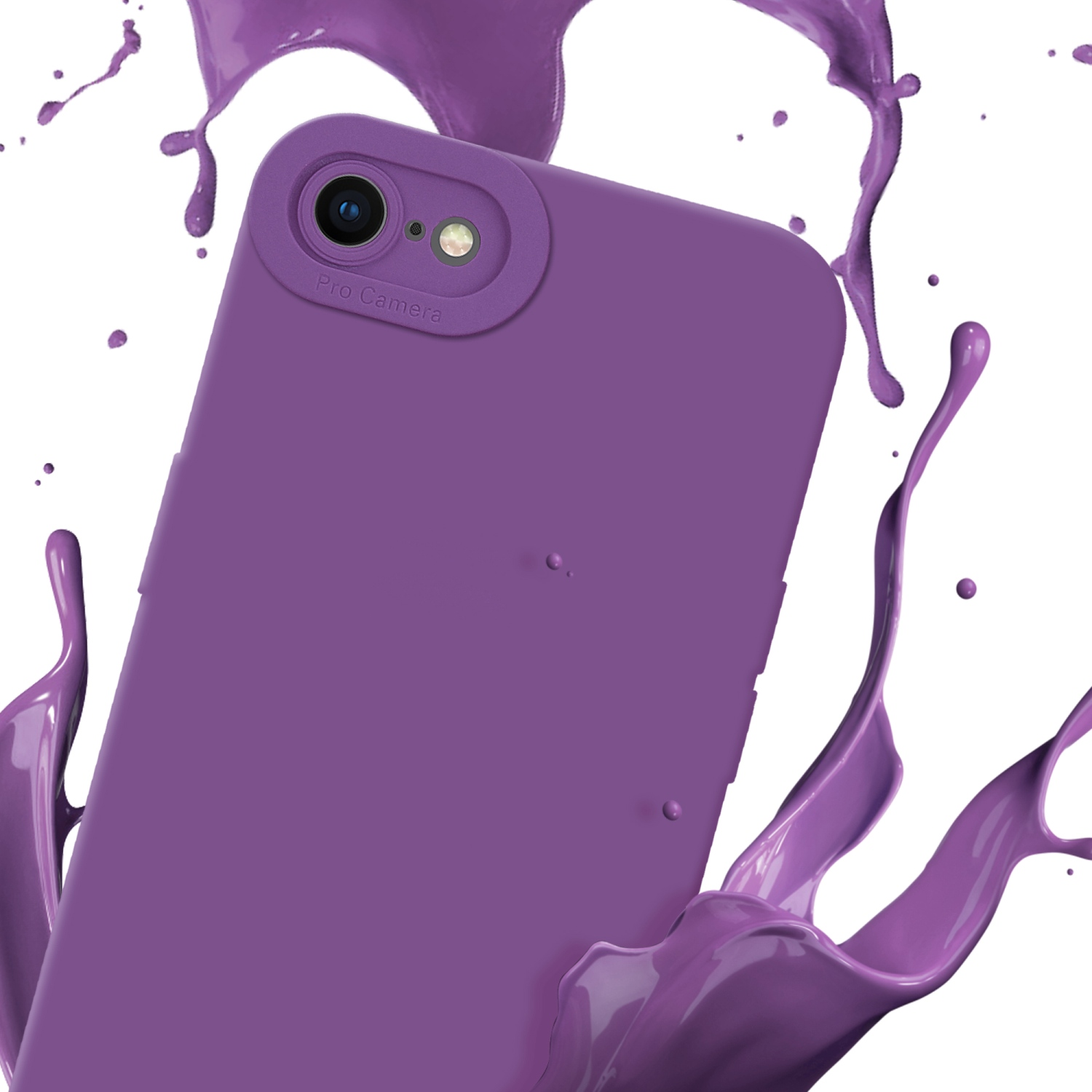 Custodia viola con telefono che mostra un'immagine, con schizzi di vernice viola. Fotocamera Pro visibile.