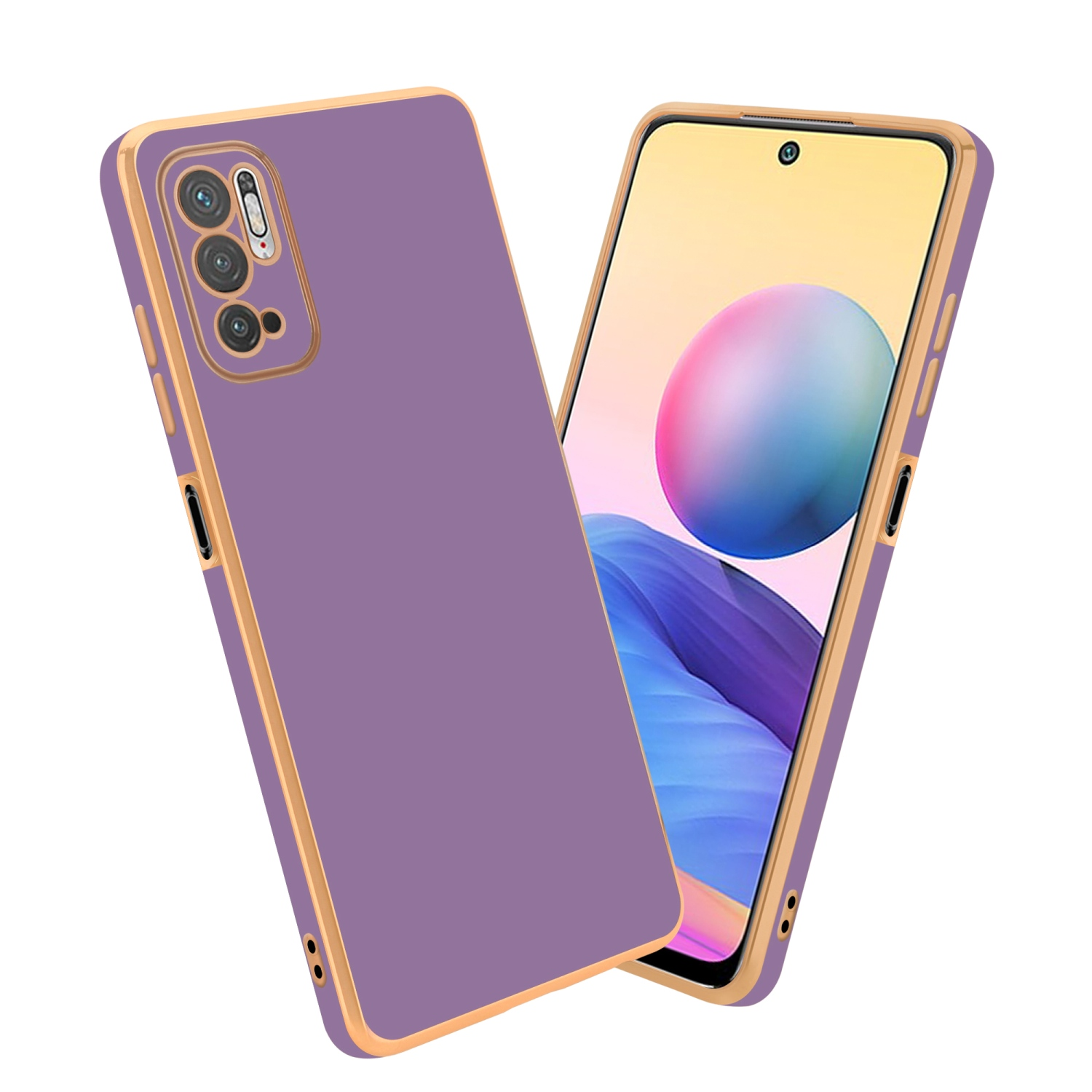 Zwei Telefone, eines in einer lila Hülle mit goldenen Zierleisten, das andere mit blau-gelbem Bildschirm.