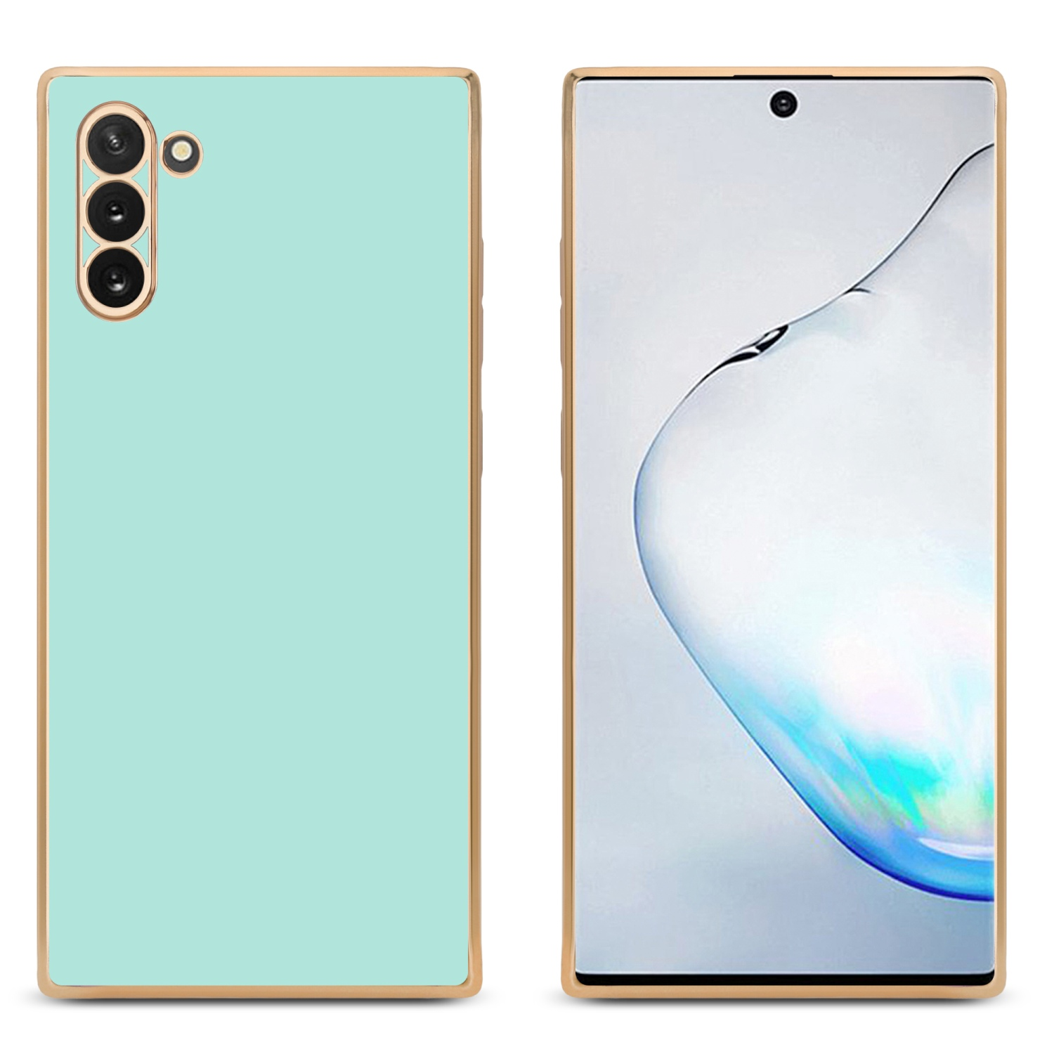Eine Handyhülle mit mintgrüner Rückseite und goldenen Rändern, mit Vorderansicht des Telefons.