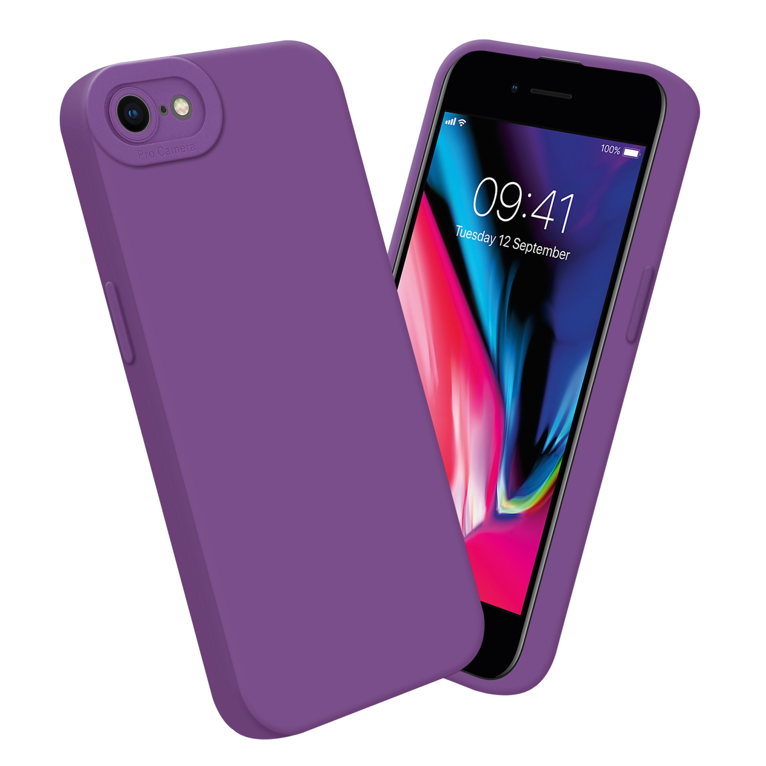 Custodia per telefono viola accanto a un telefono con display colorato, che mostra l'ora.