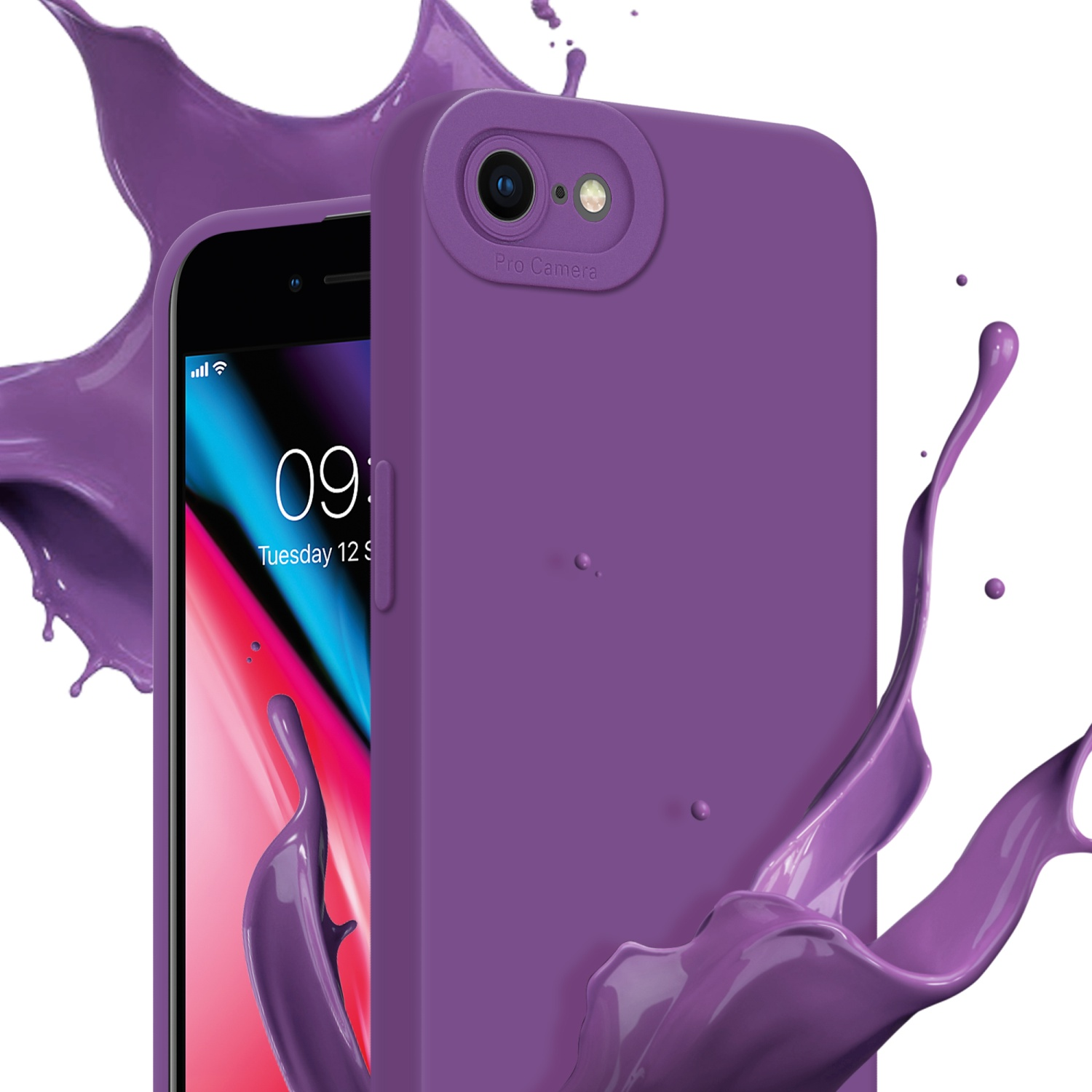 Custodia viola per telefono con telefono dietro. Schizzi di liquido viola sullo sfondo.