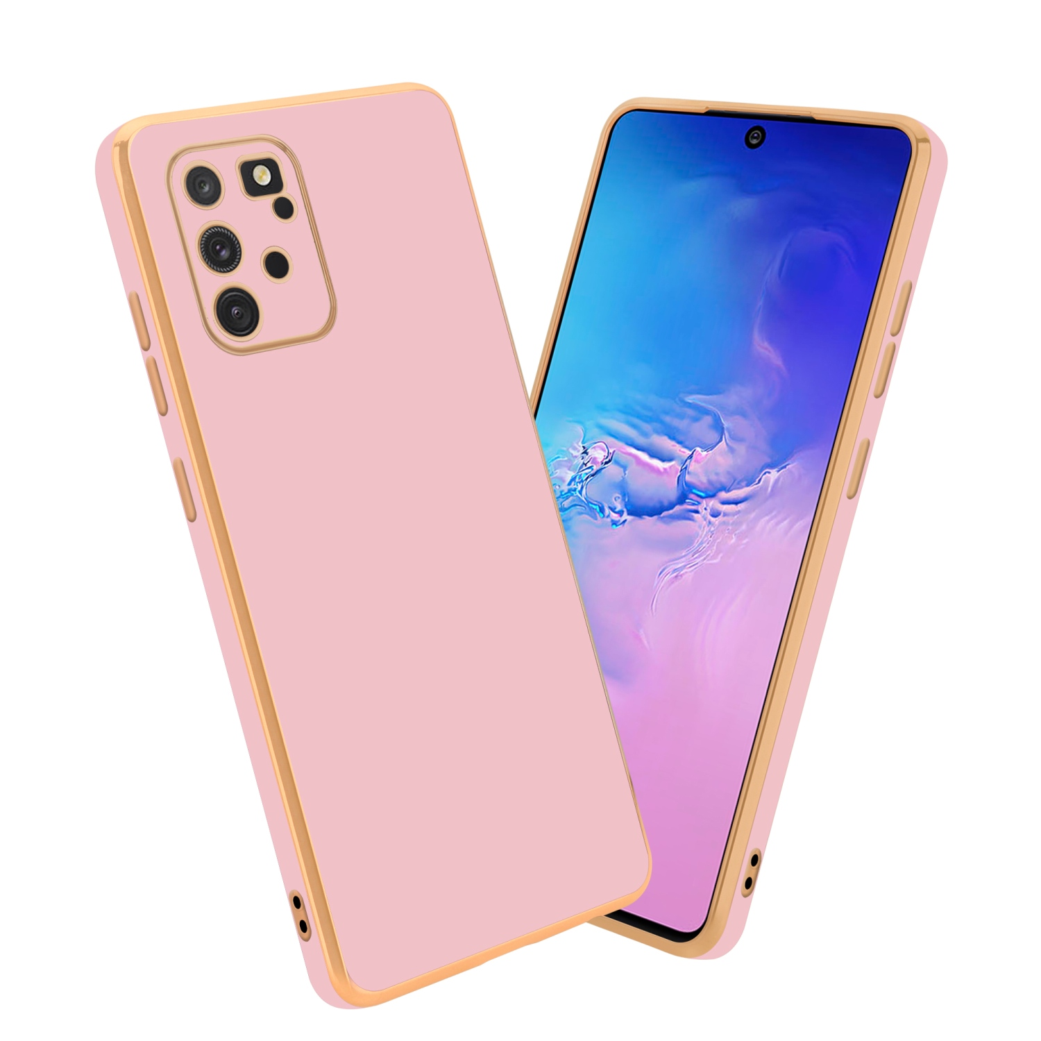 Eine pinkfarbene Handyhülle mit goldfarbenem Rand und Kameraaussparung.