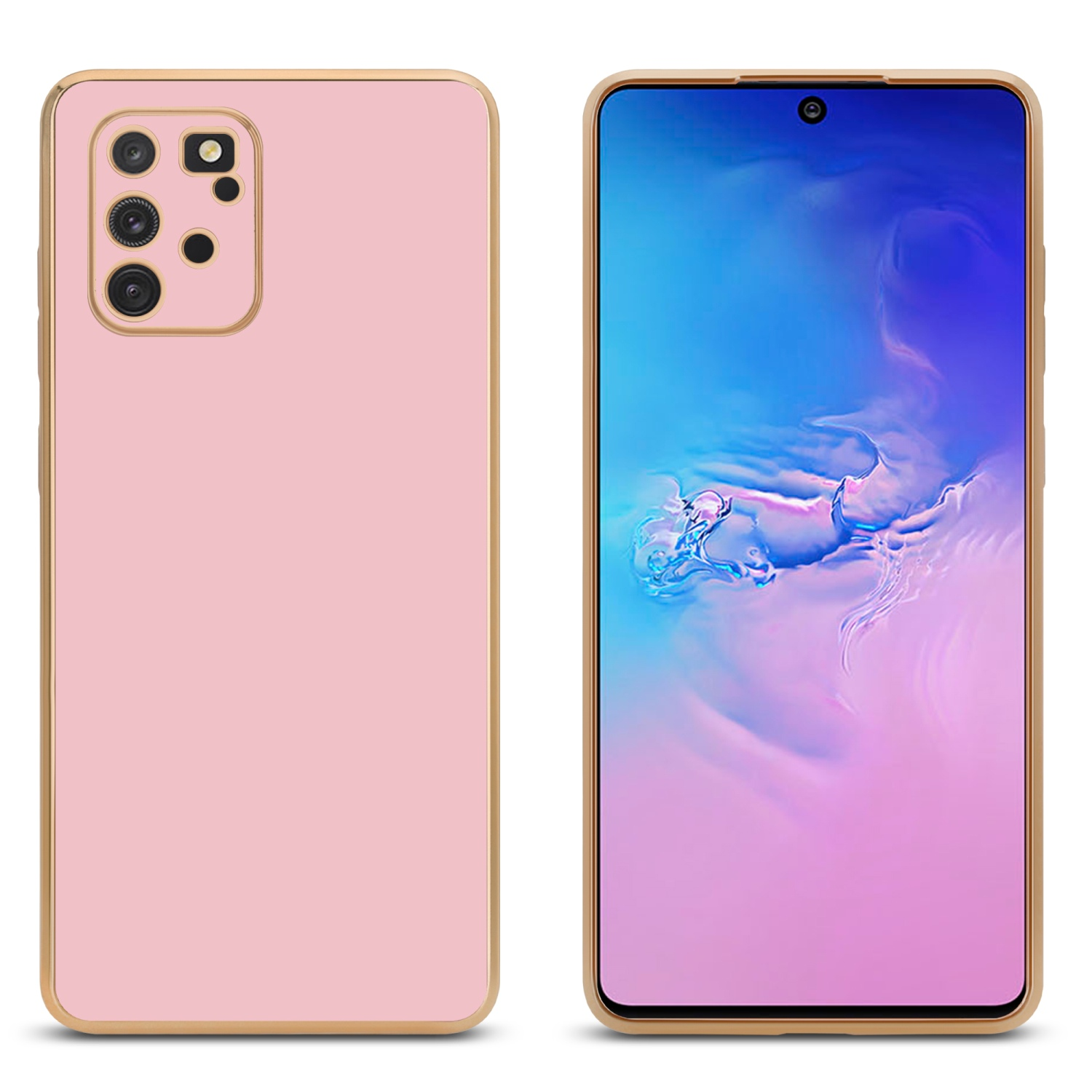 Zwei Telefone mit rosa Hüllen mit Goldrändern. Eines ist schlicht, das andere zeigt den Bildschirm.