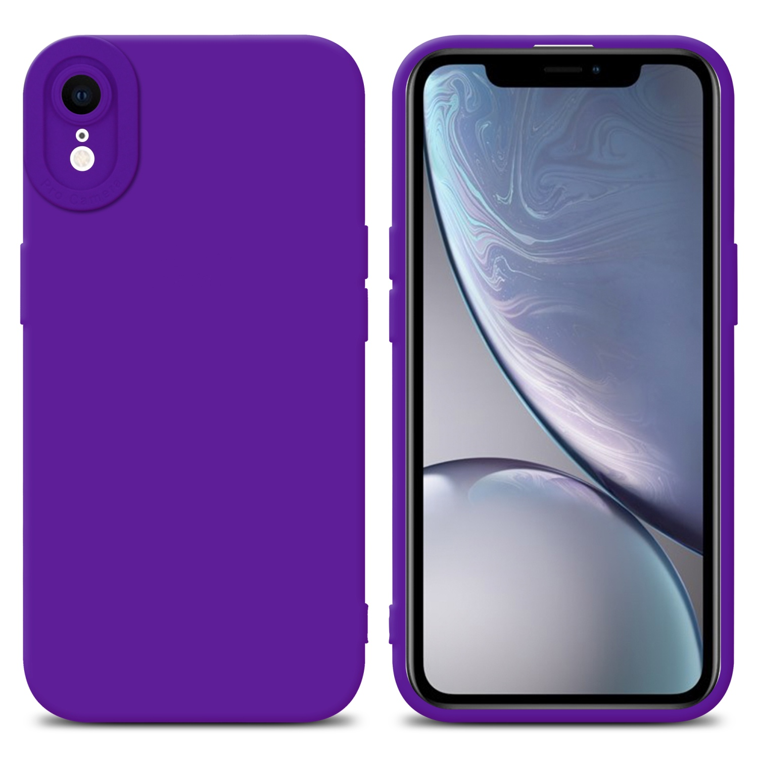Custodia viola e il telefono. Il telefono mostra lo schermo.