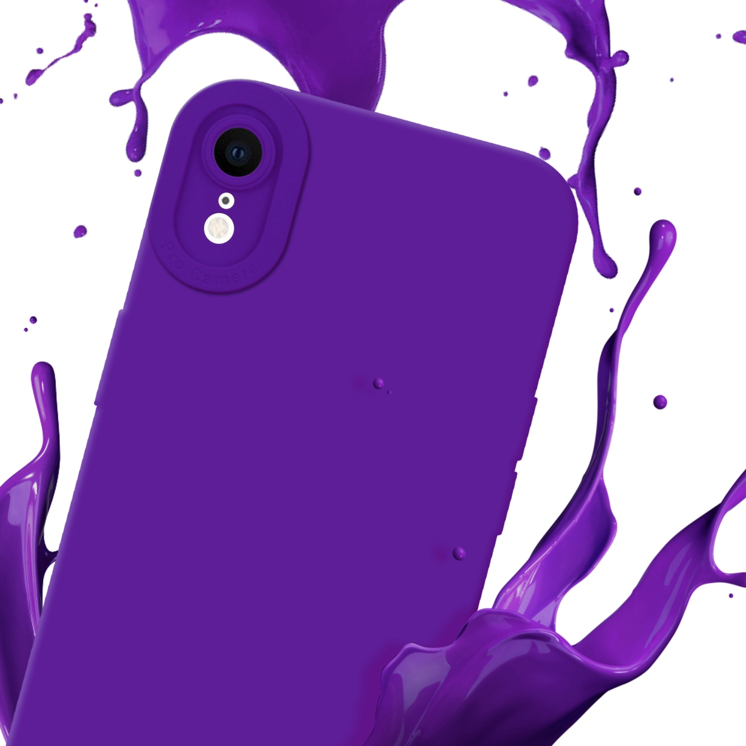 Custodia per telefono viola con schizzi di vernice viola su sfondo bianco.