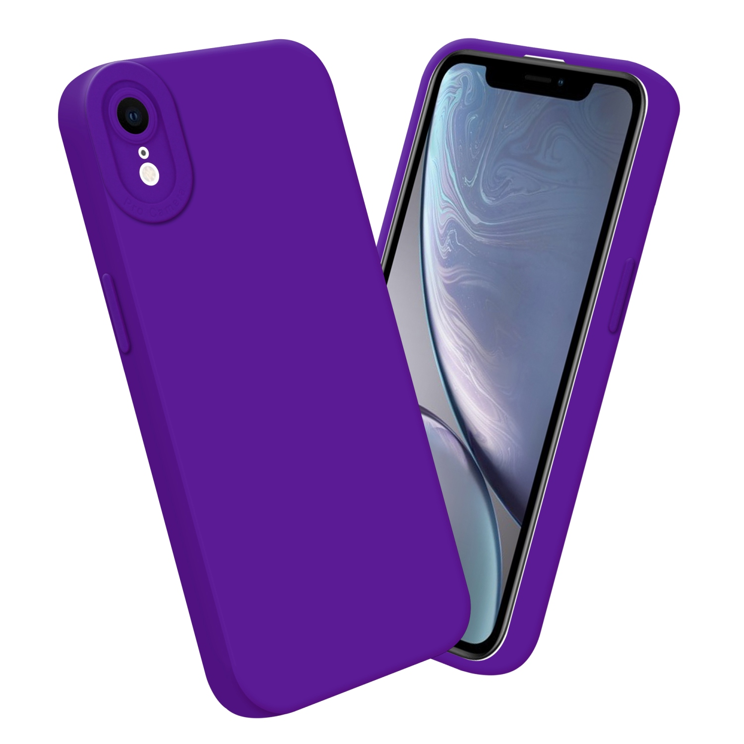 Due custodie viola per telefono. Una tiene un telefono, l'altra è vista da dietro. Sfondo bianco.