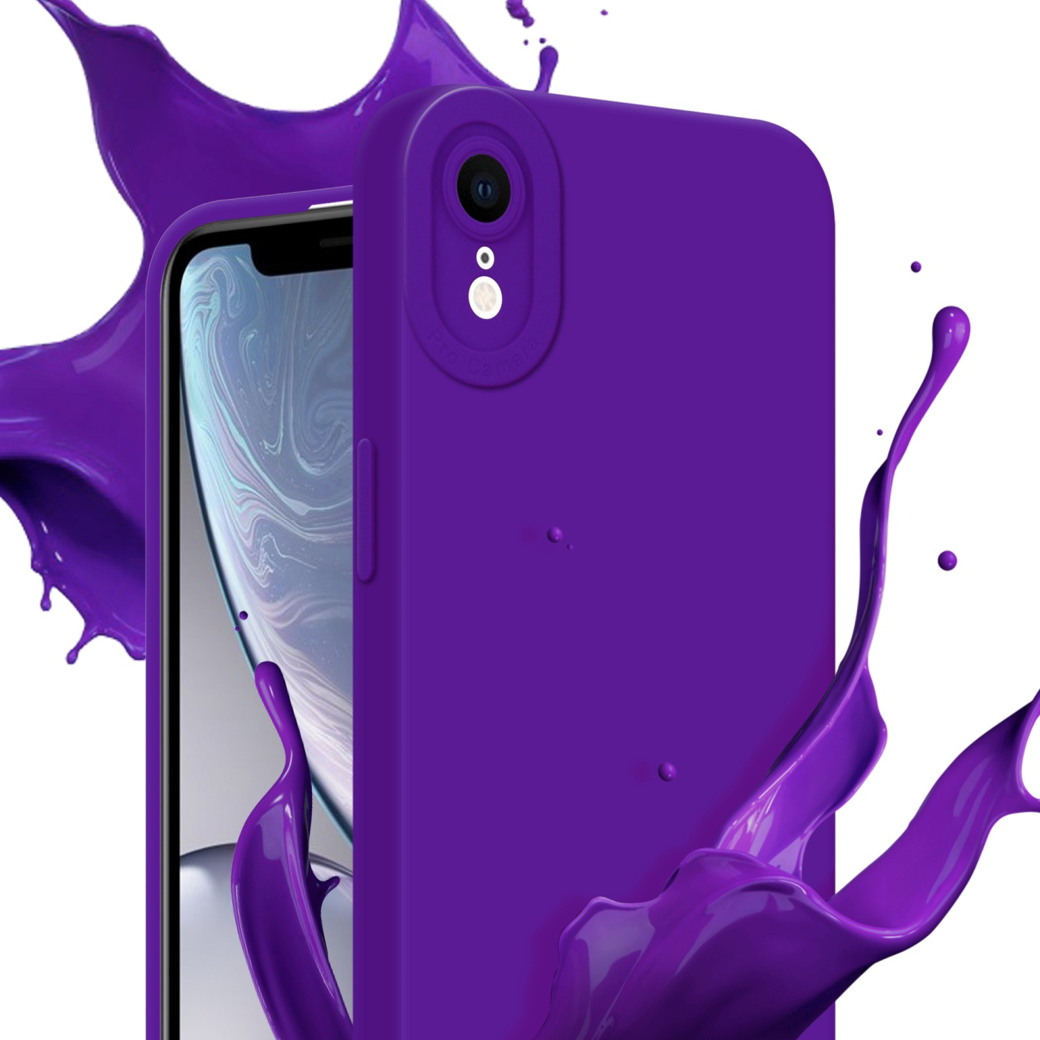 Custodia per telefono viola con spruzzo di vernice viola. Sfondo bianco. Fotocamera visibile.