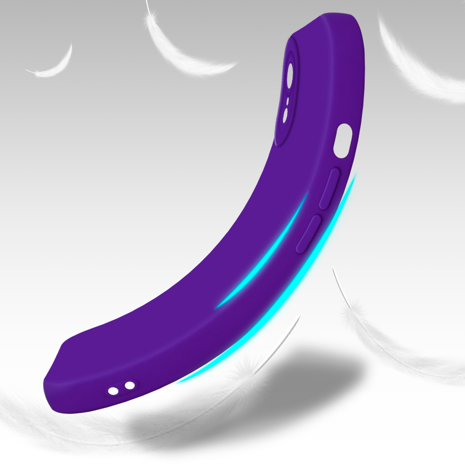 Una custodia per telefono viola a mezz'aria con piume bianche che fluttuano sullo sfondo. La custodia è curva.