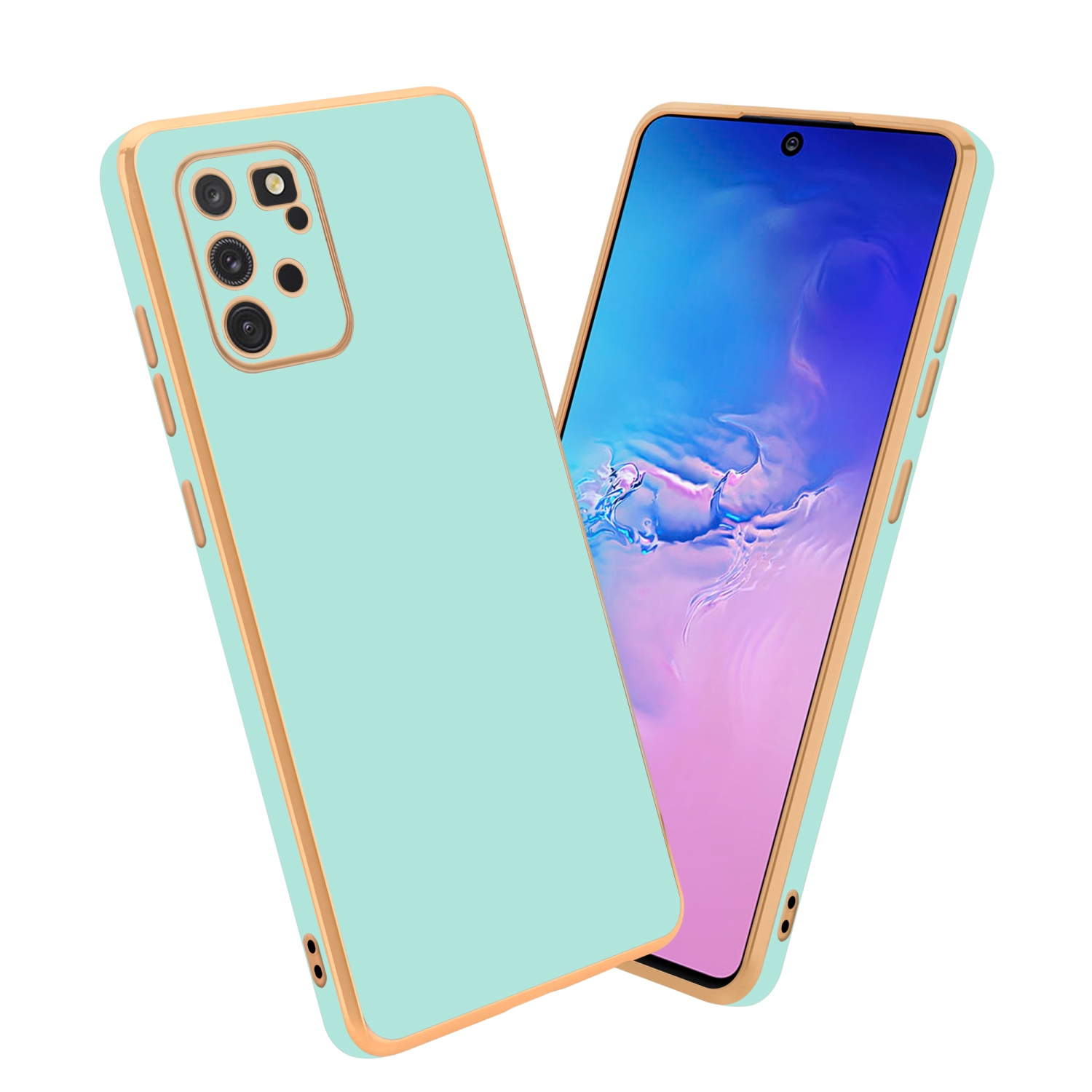 Türkis Handyhülle mit goldenem Rand. Dargestellt neben einem Telefon mit blauem und weißem Bildschirm.