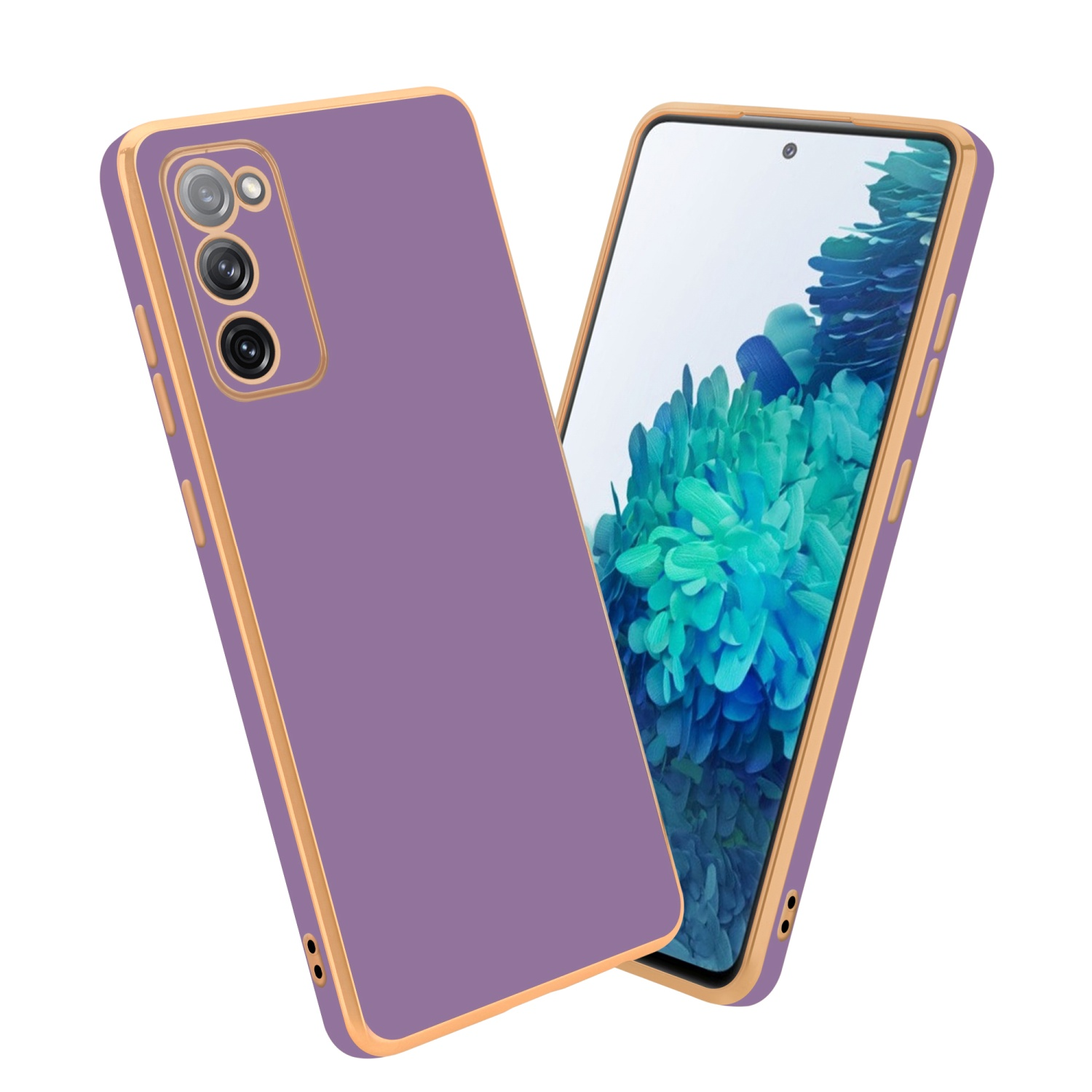 Eine lila Handyhülle mit goldenem Rahmen und einem Telefon. Das Telefon hat einen blauen Hintergrund.