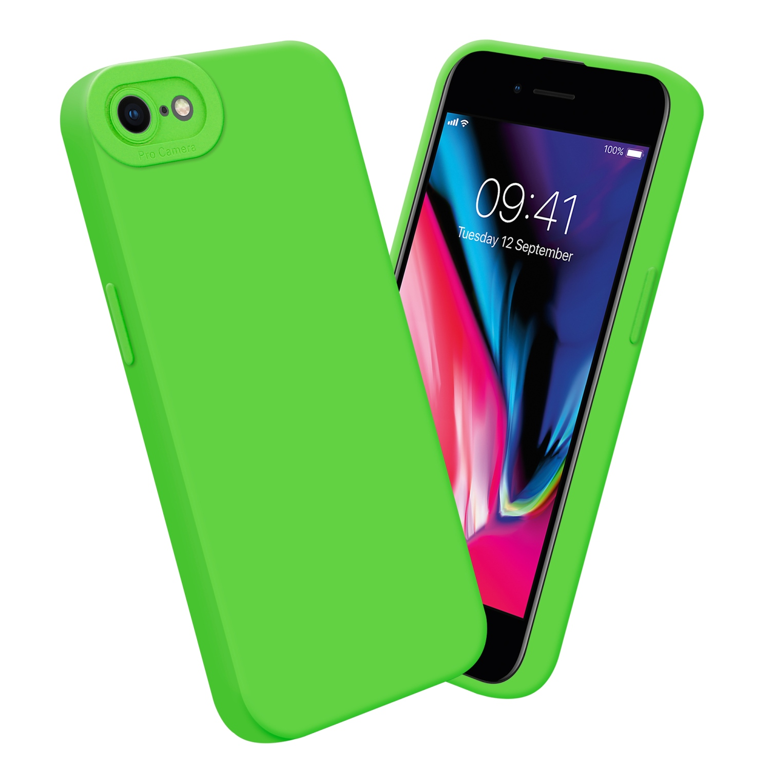 Custodia verde e smartphone con schermo. La custodia copre retro e lati del telefono.