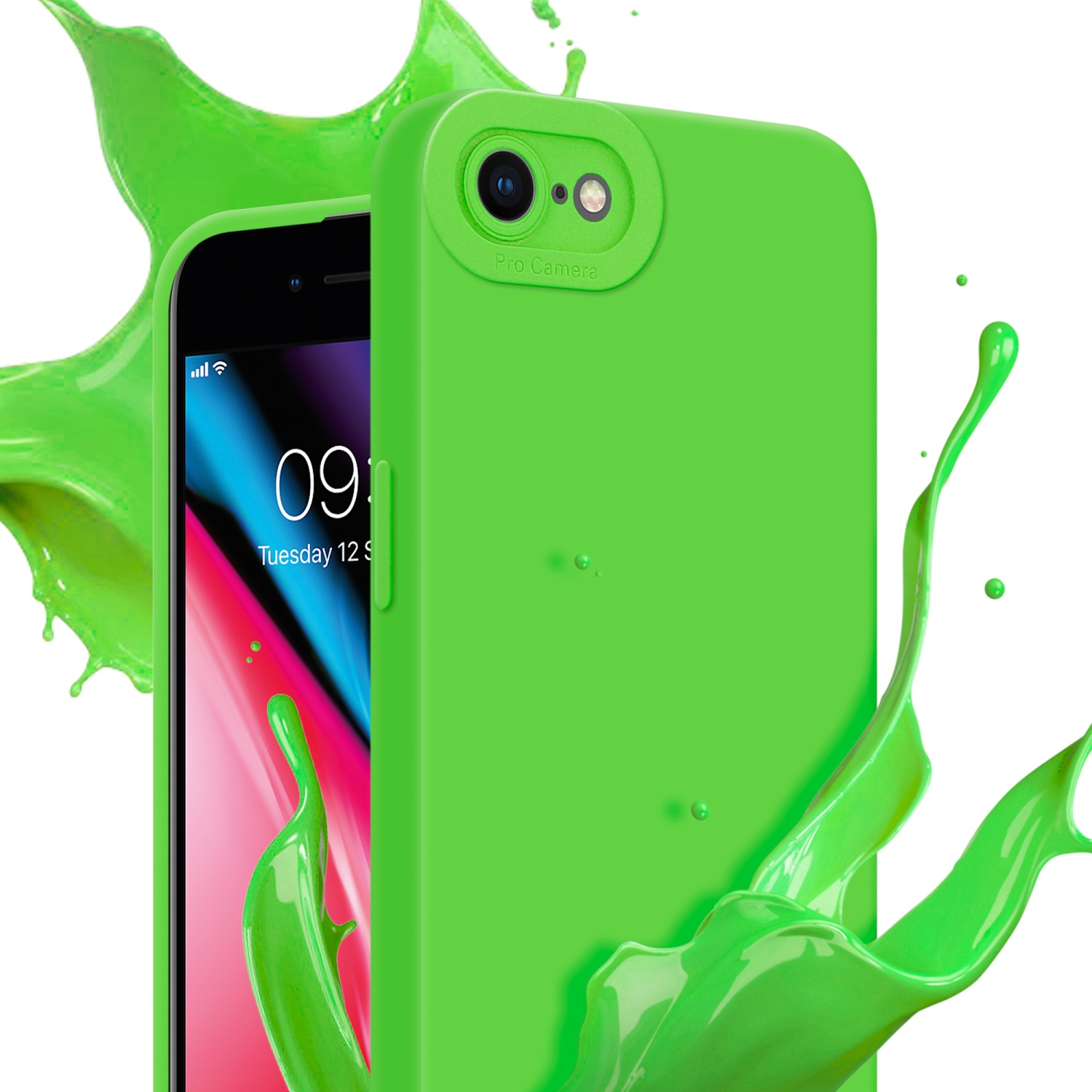 Viene mostrata una custodia per telefono verde con effetto splash.