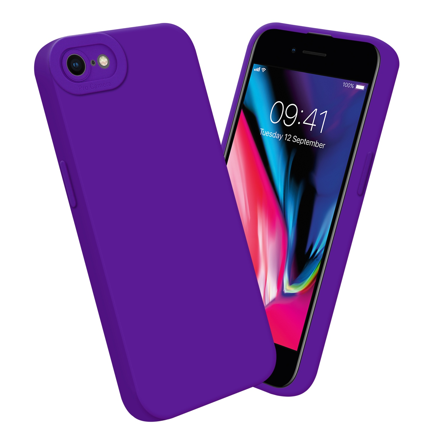 Custodia viola con display del telefono. Sfondo bianco.